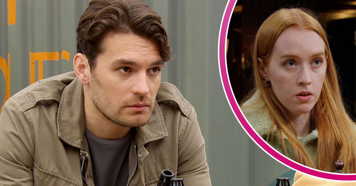 Emmerdale's Mack looking guilty, and in a bubble, Chloe looking furious