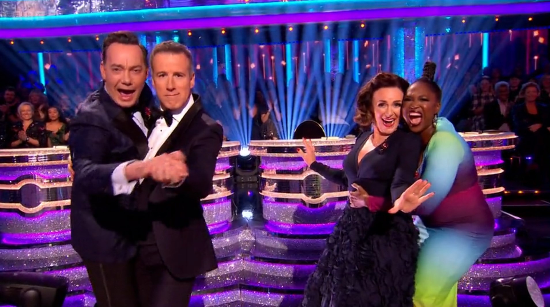 Strictly judges Craig, Anton, Shirley and Motsi smile and dance together