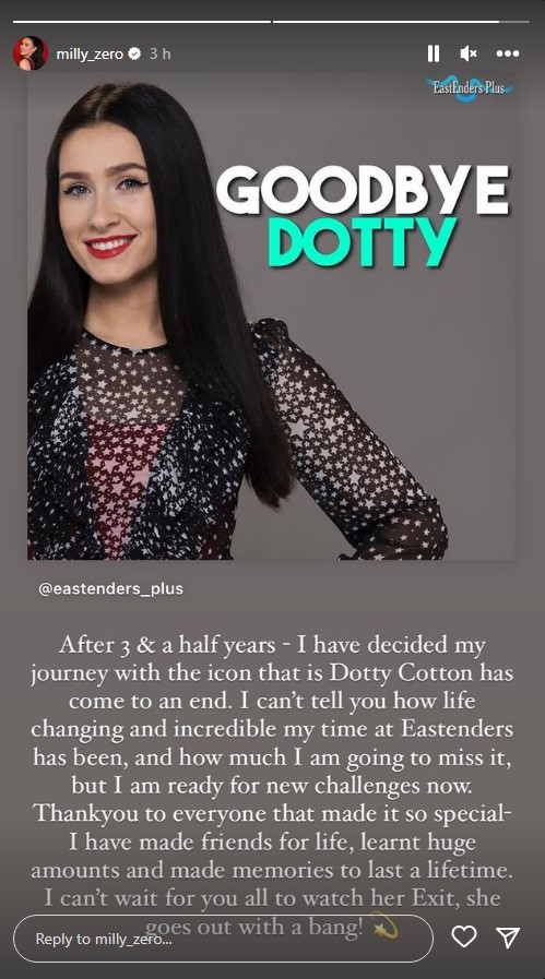 Milly Zero announces her exit as Dotty Cotton on Insta Stories