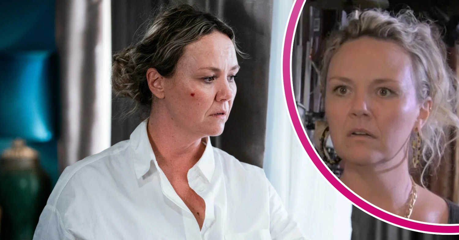 Janine in EastEnders looks out of the window and seems shocked