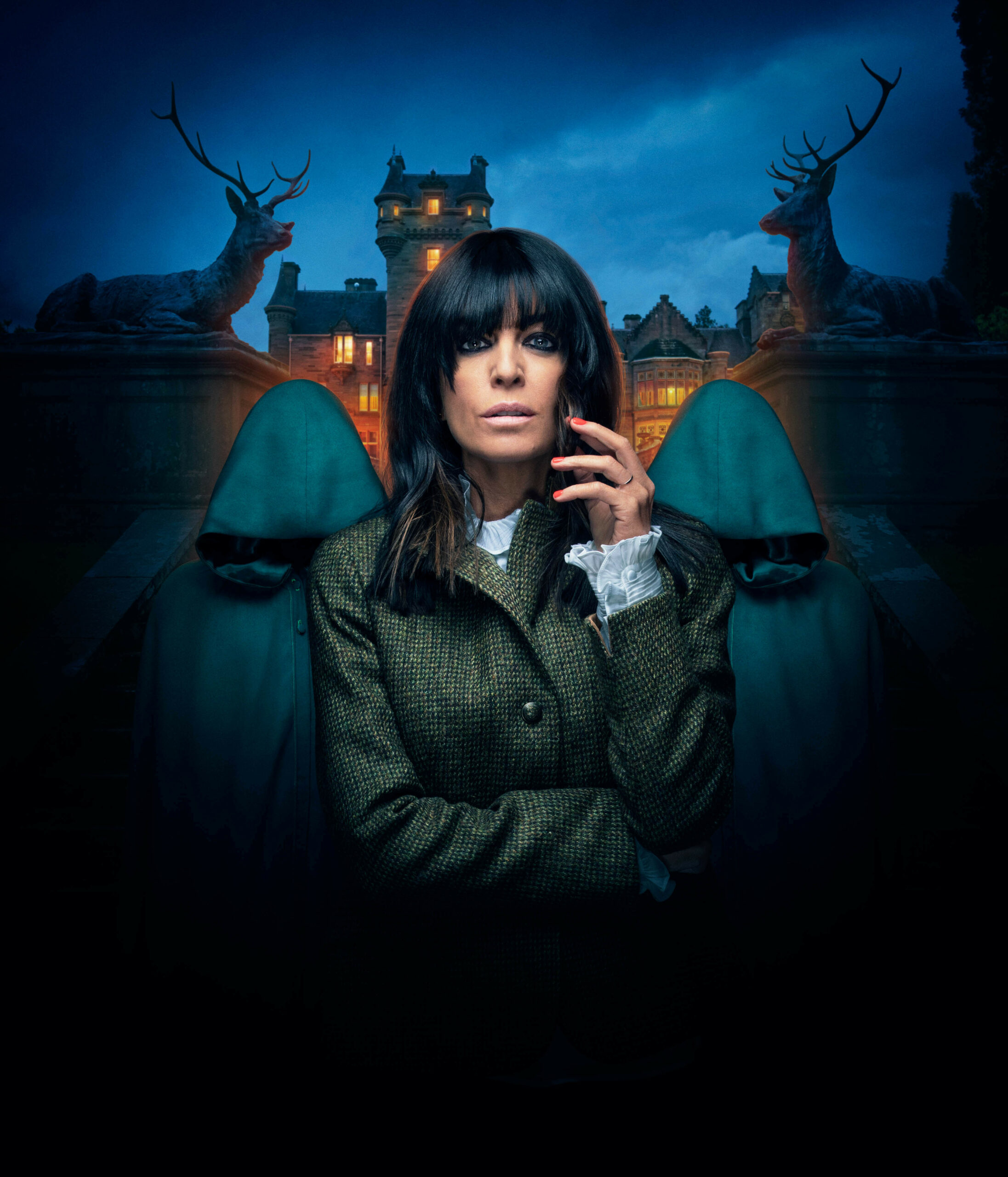 Claudia Winkleman in front of sinister masked figures on The Traitors