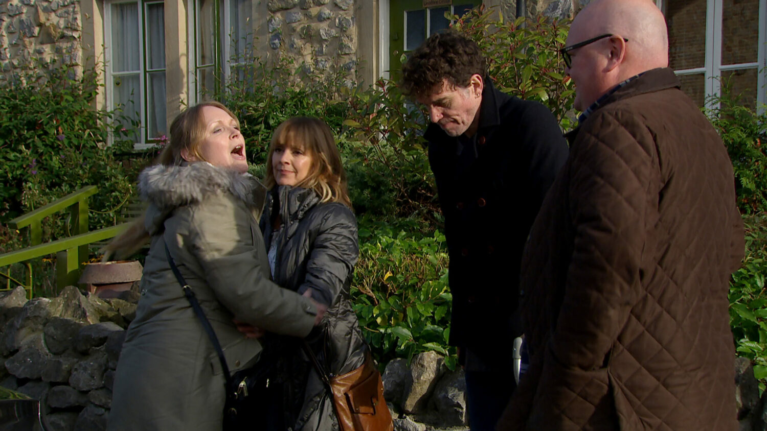 Vanessa shouts as she says goodbye to Rhona, Marlon and Paddy in the Emmerdale village