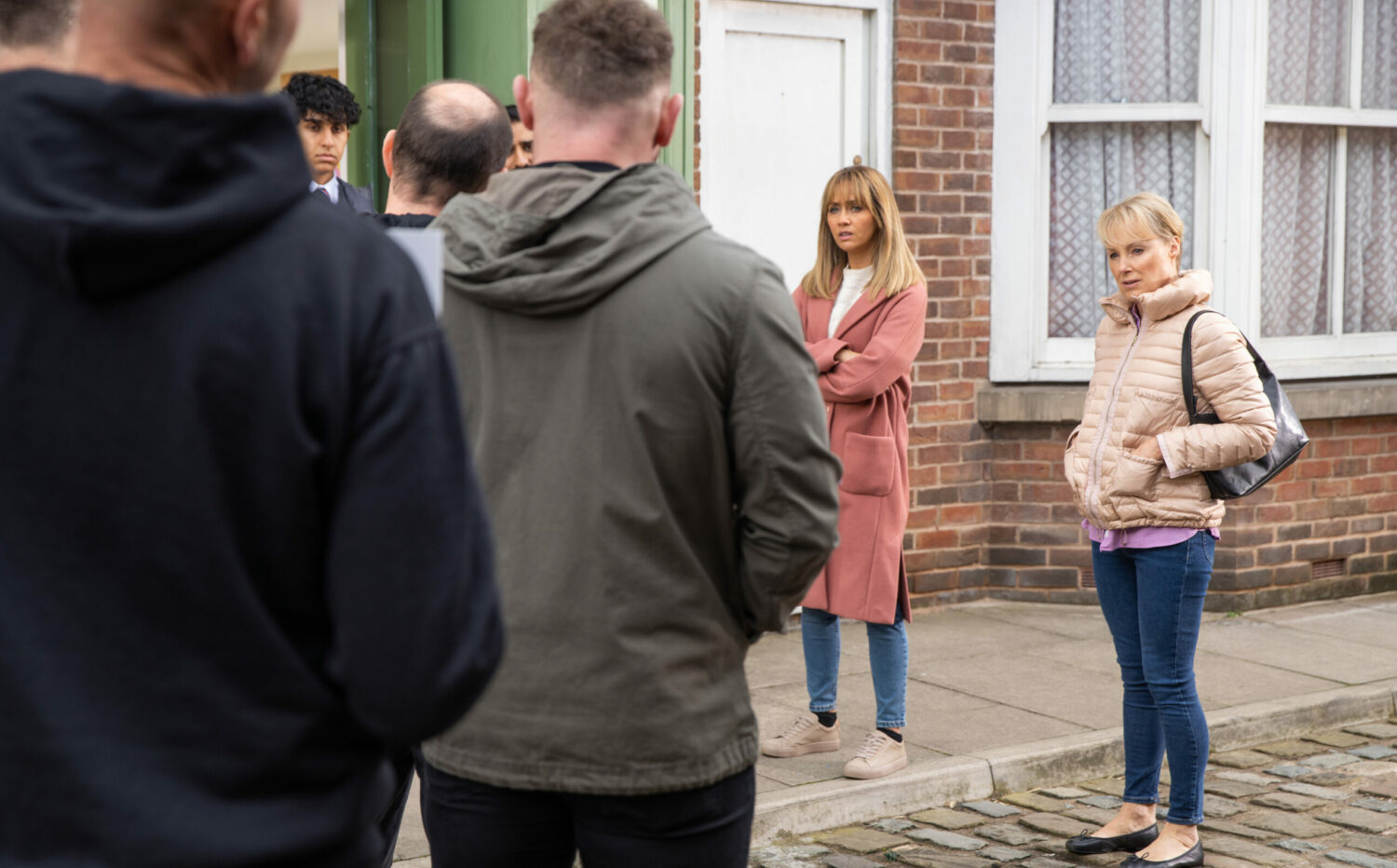 Maria and Sally in Coronation Street look uncomfortable as Griff and his gang confront them