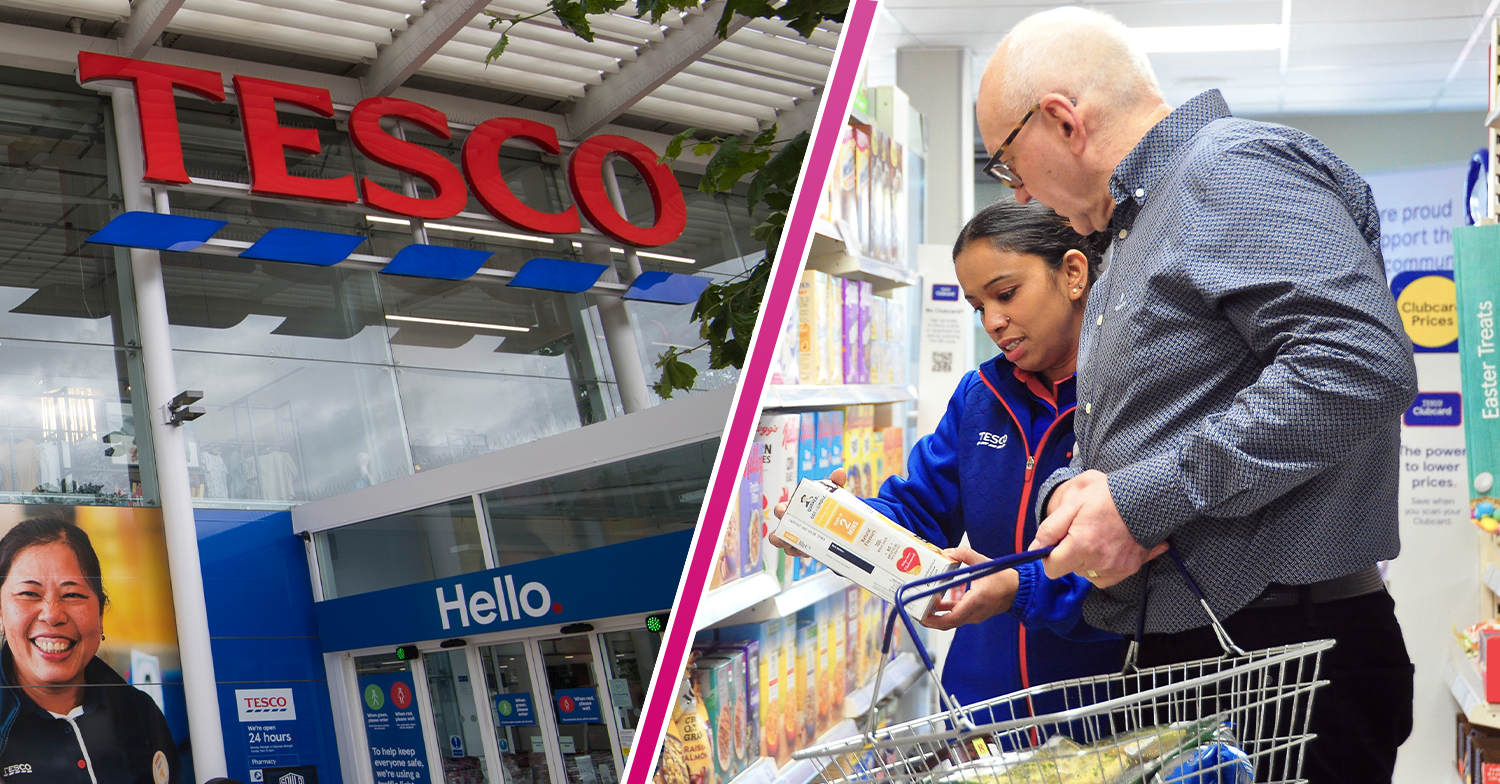 Tesco store front and a shopper
