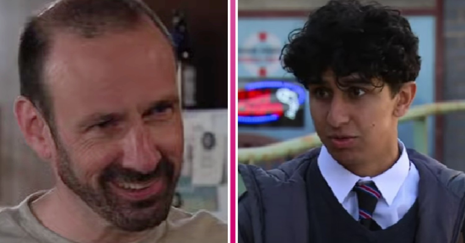 Griff giving an evil smile and Daryan looking worried in Coronation Street