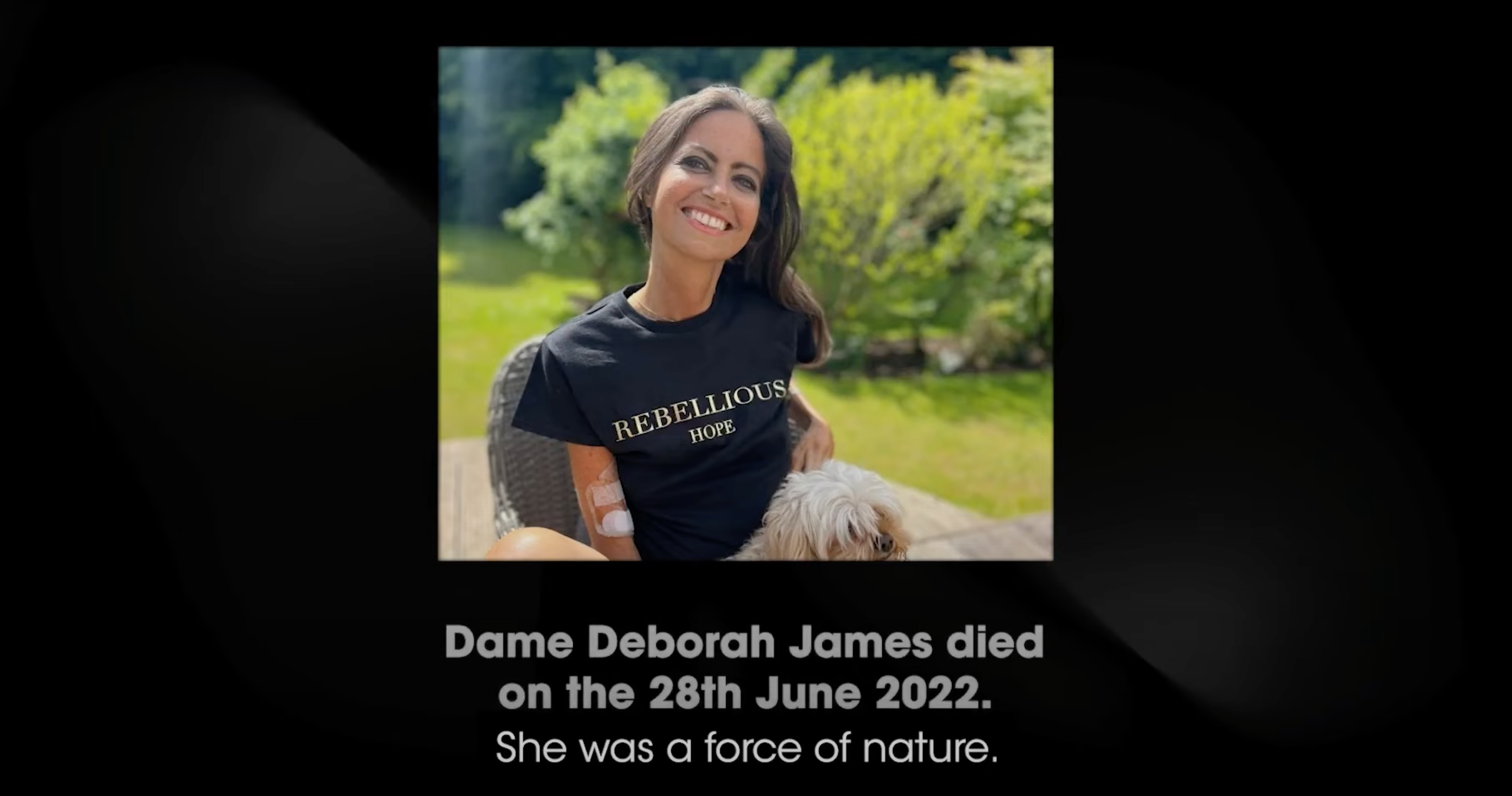 Dame Deborah James wearing her Rebellious Hope T-shirt