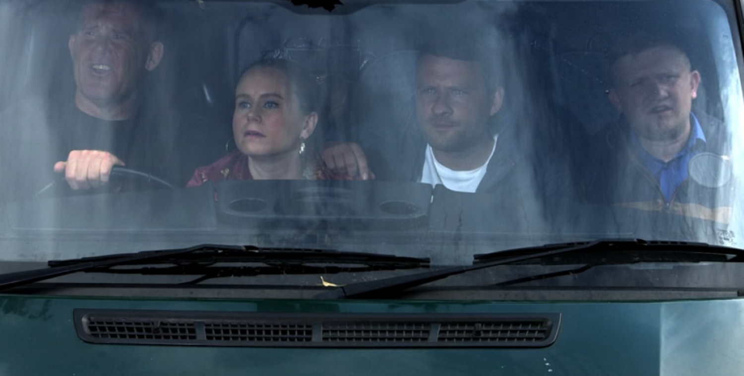 Dan, Gemma, Paul and Chesney in a car watching Fern and Howard in Coronation Street