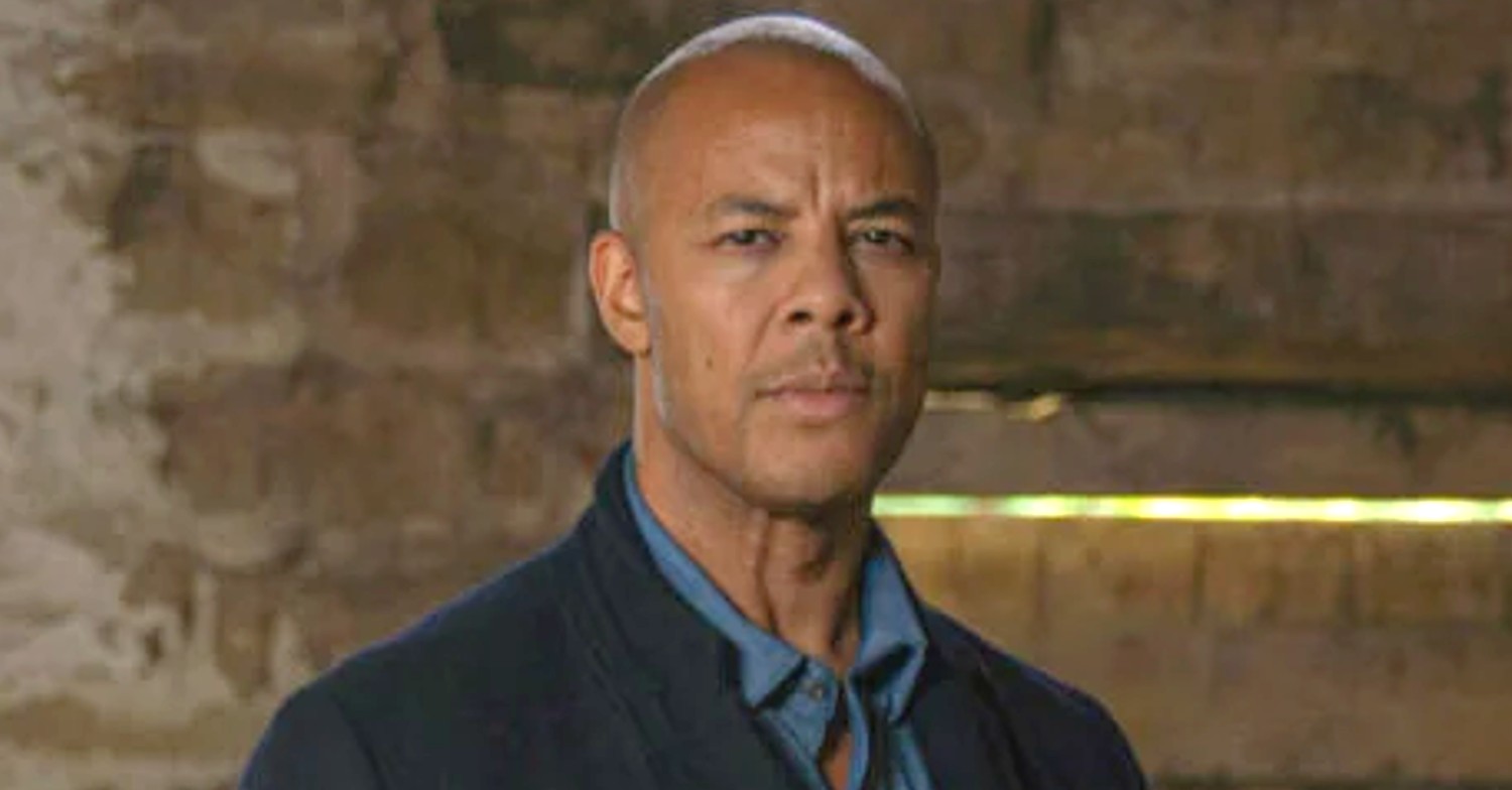 Emmerdale's Al Chapman looks steely in a promo shot in a barn