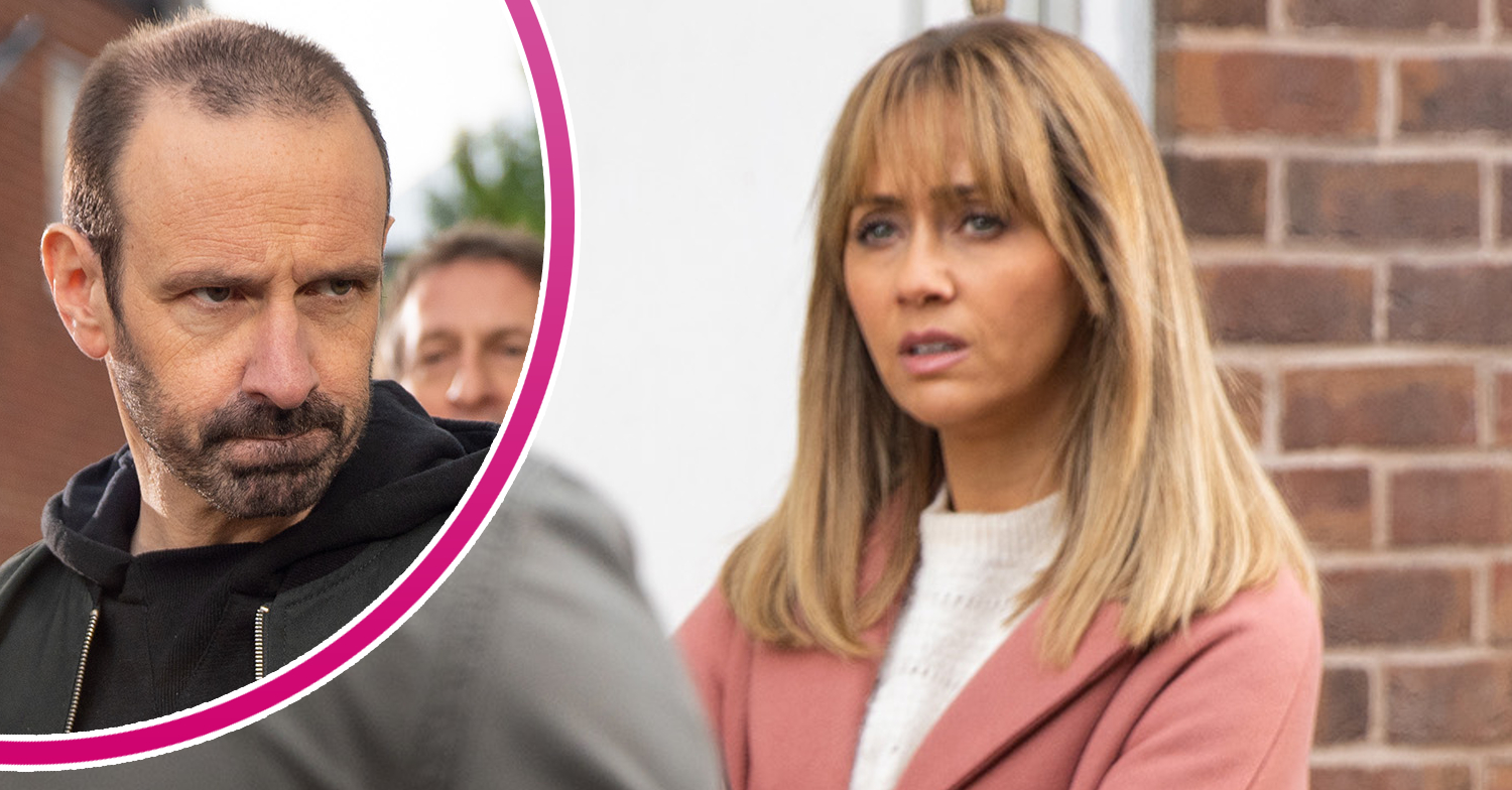 Coronation Street's Maria is looking concerned, and in a bubble, Griff is looking angry