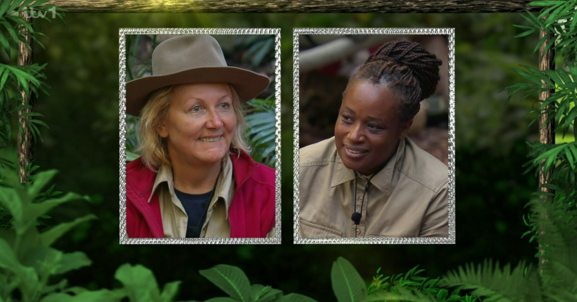 Sue Cleaver and Charlene White smile as they're in the bottom two on I'm A Celebrity