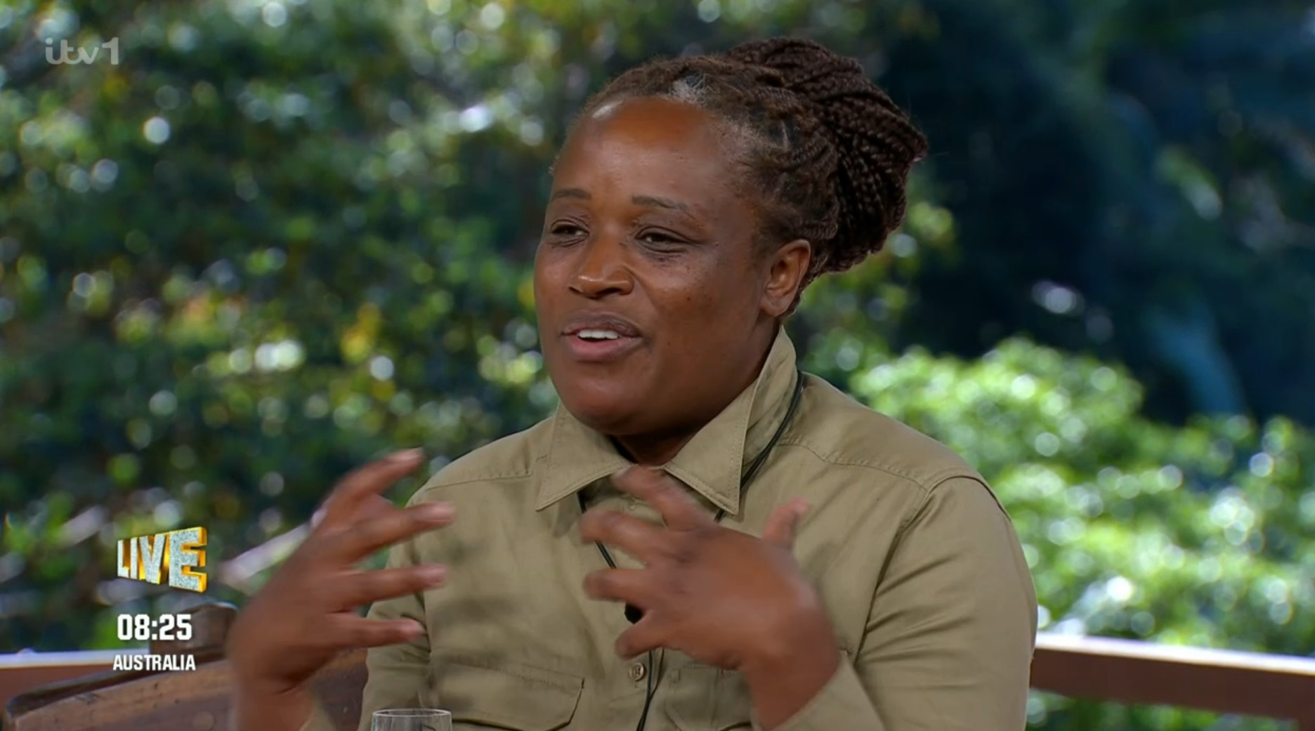 Charlene White smiles as she gesticulates during her I'm A Celebrity exit interview