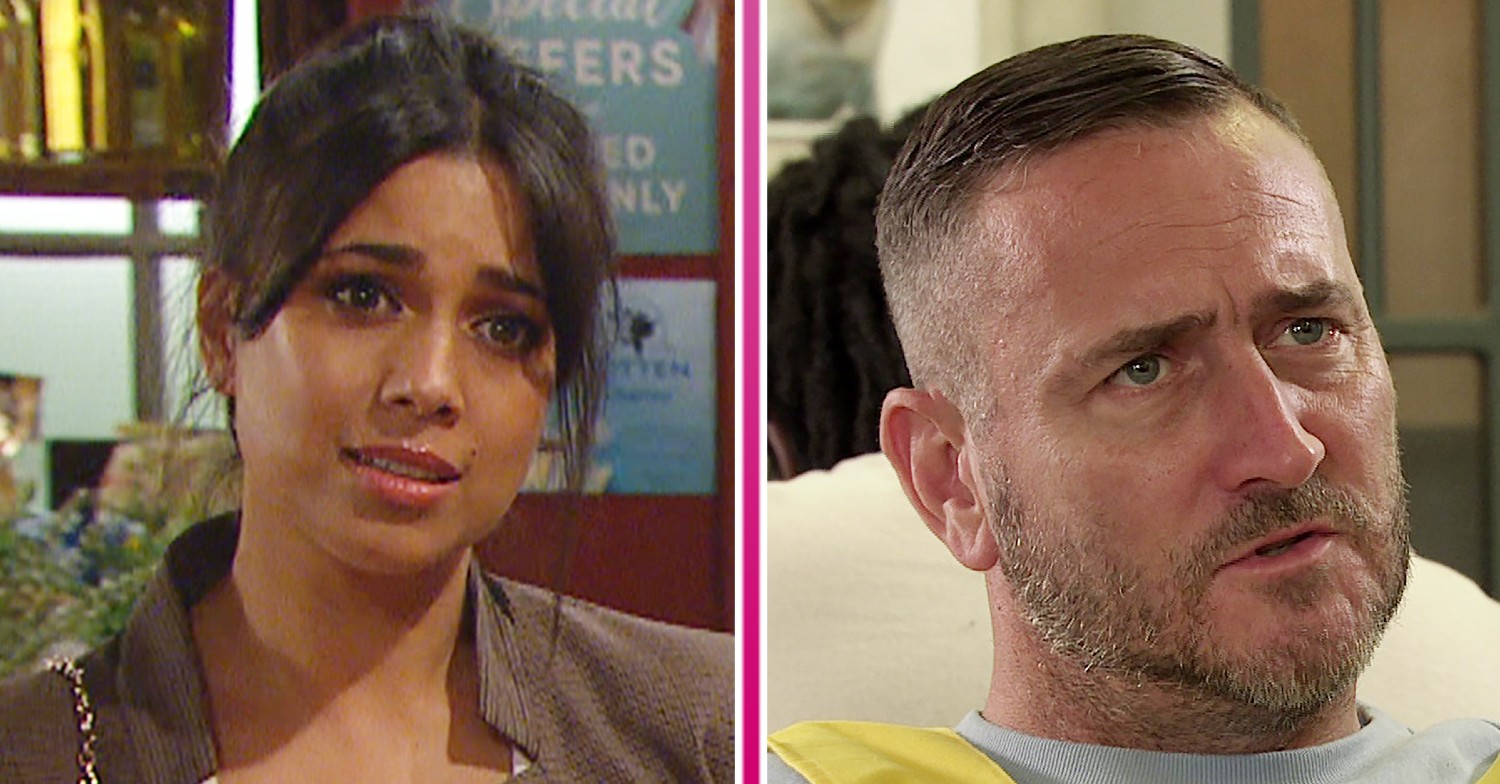 Priya looking worried in Emmerdale and Harvey looking annoyed in Coronation Street