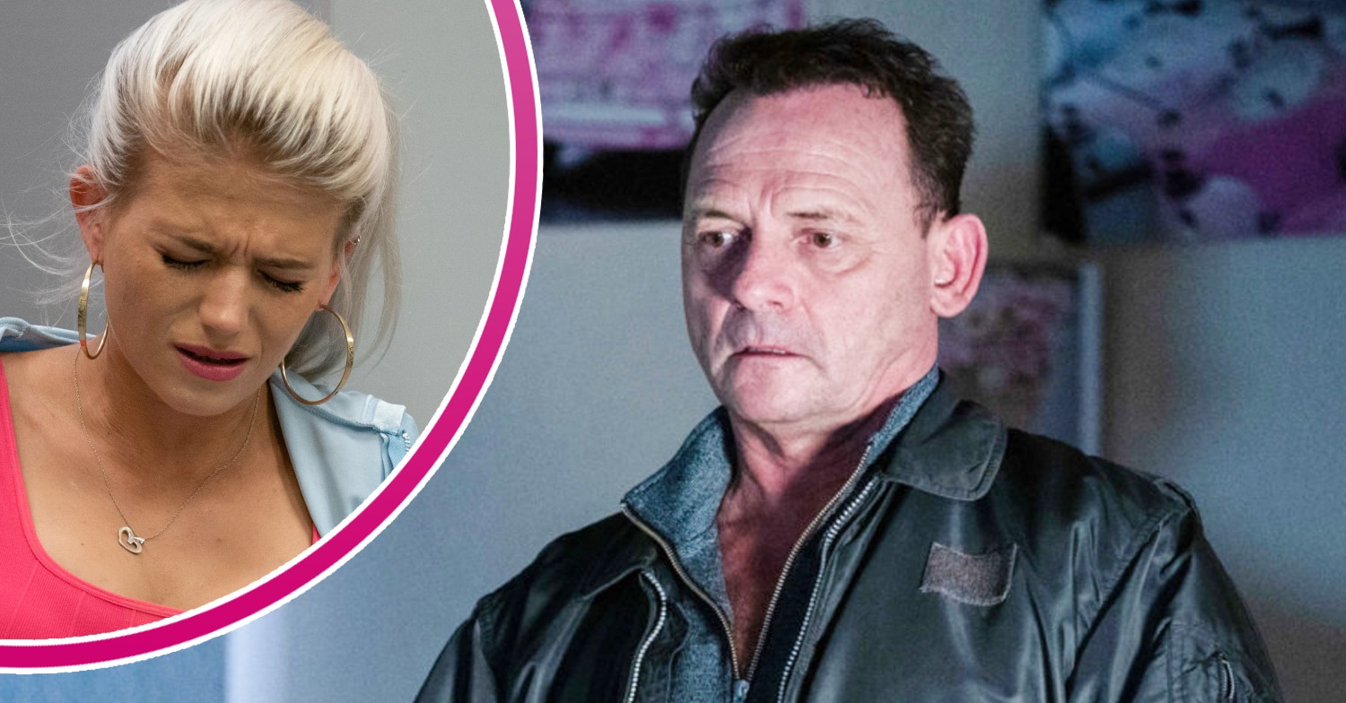 Billy looking upset, in a pop-out bubble to the left, Lola is in pain in EastEnders