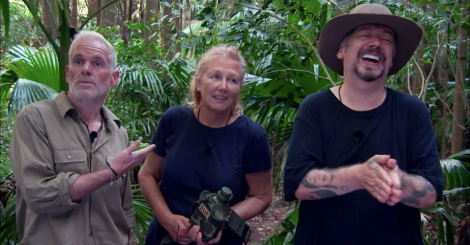 Chris Moyles, Sue Cleaver and Boy George in the jungle on I'm A Celeb