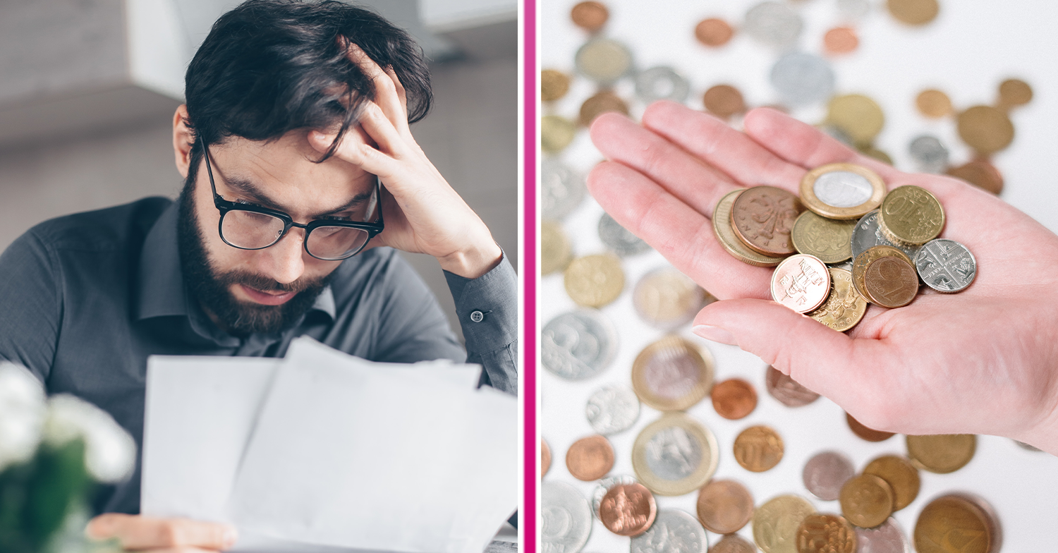 Man worrying over bills and a hand holding out coins