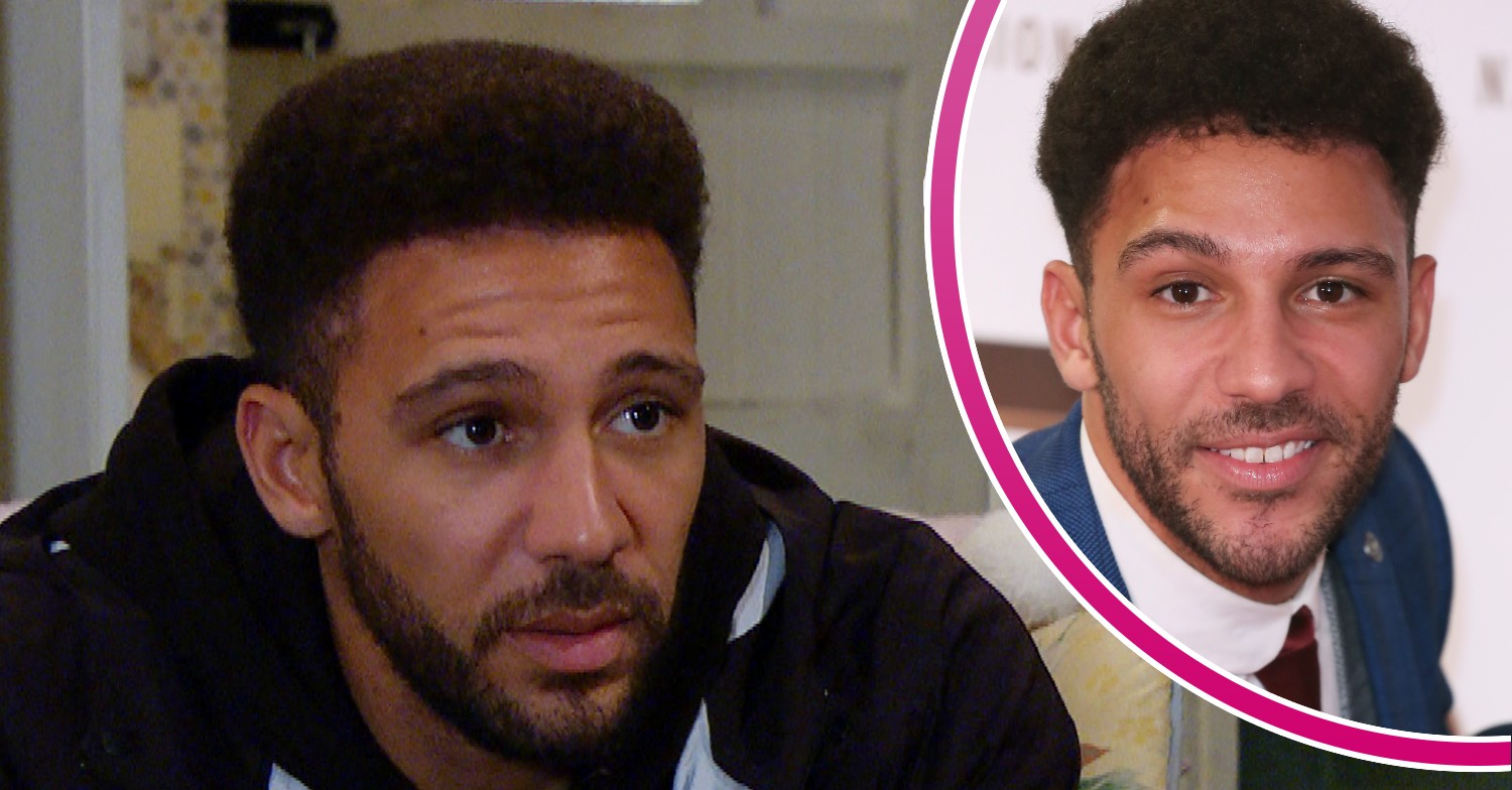 Billy in Emmerdale looking worried and Jay Kontzle smiling