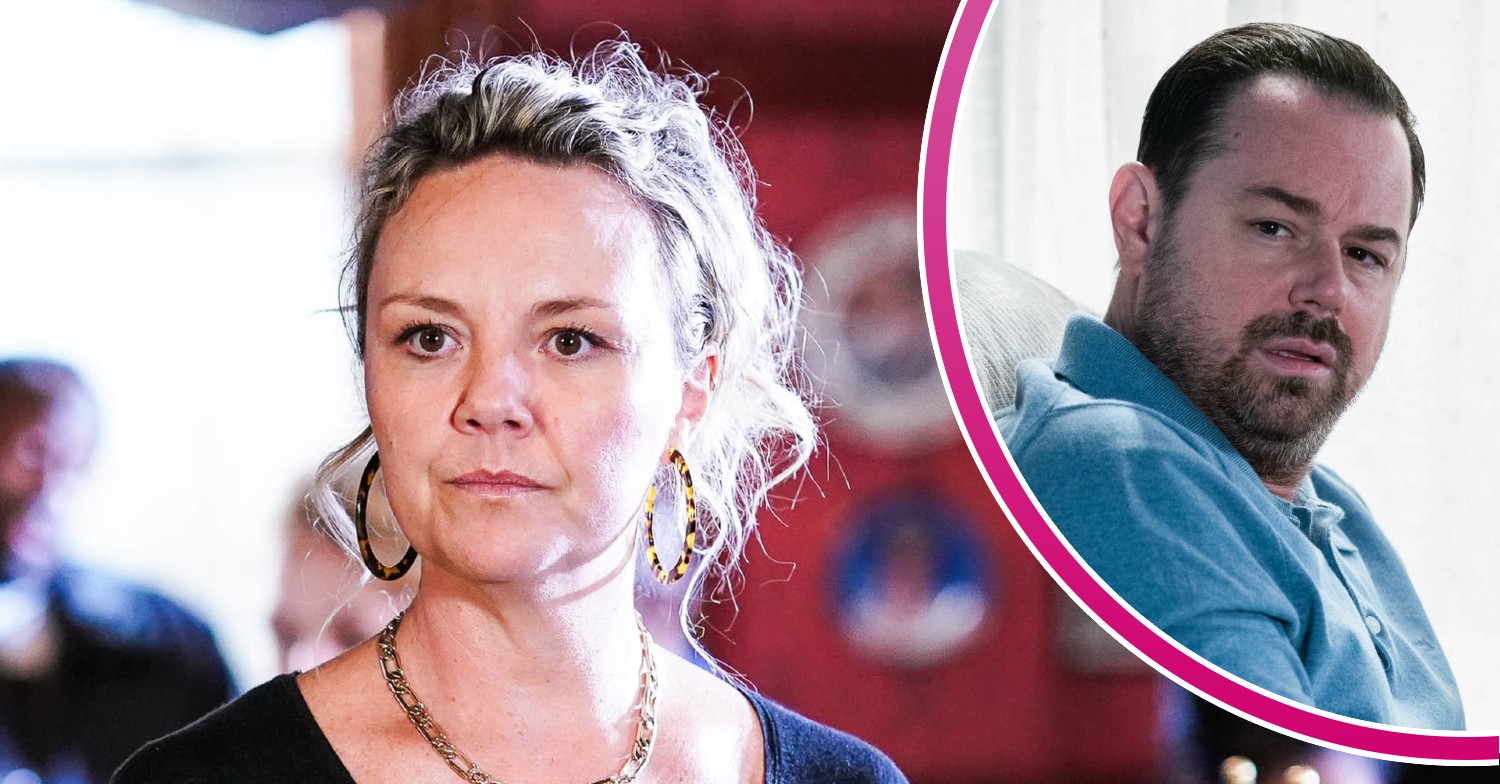 Janine and Mick both looking worried in EastEnders