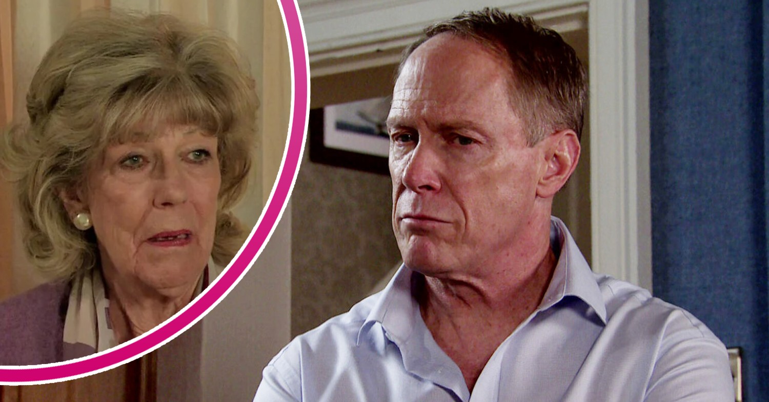 Audrey looking worried and Stephen looking scared in Coronation Street