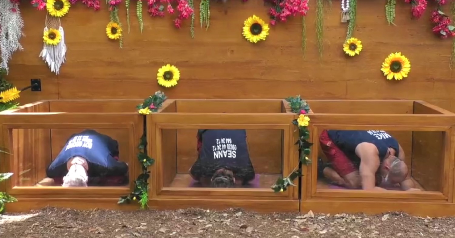 I'm A Celebrity tonight: Boy George, Seann Walsh, Mike Tindall doing yoga on I'm A Celebrity 2022 