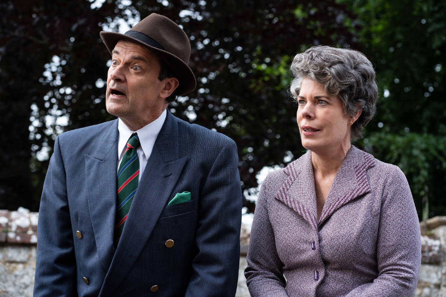 Selina Griffiths and Tony Gardner looking shocked in The Larkins