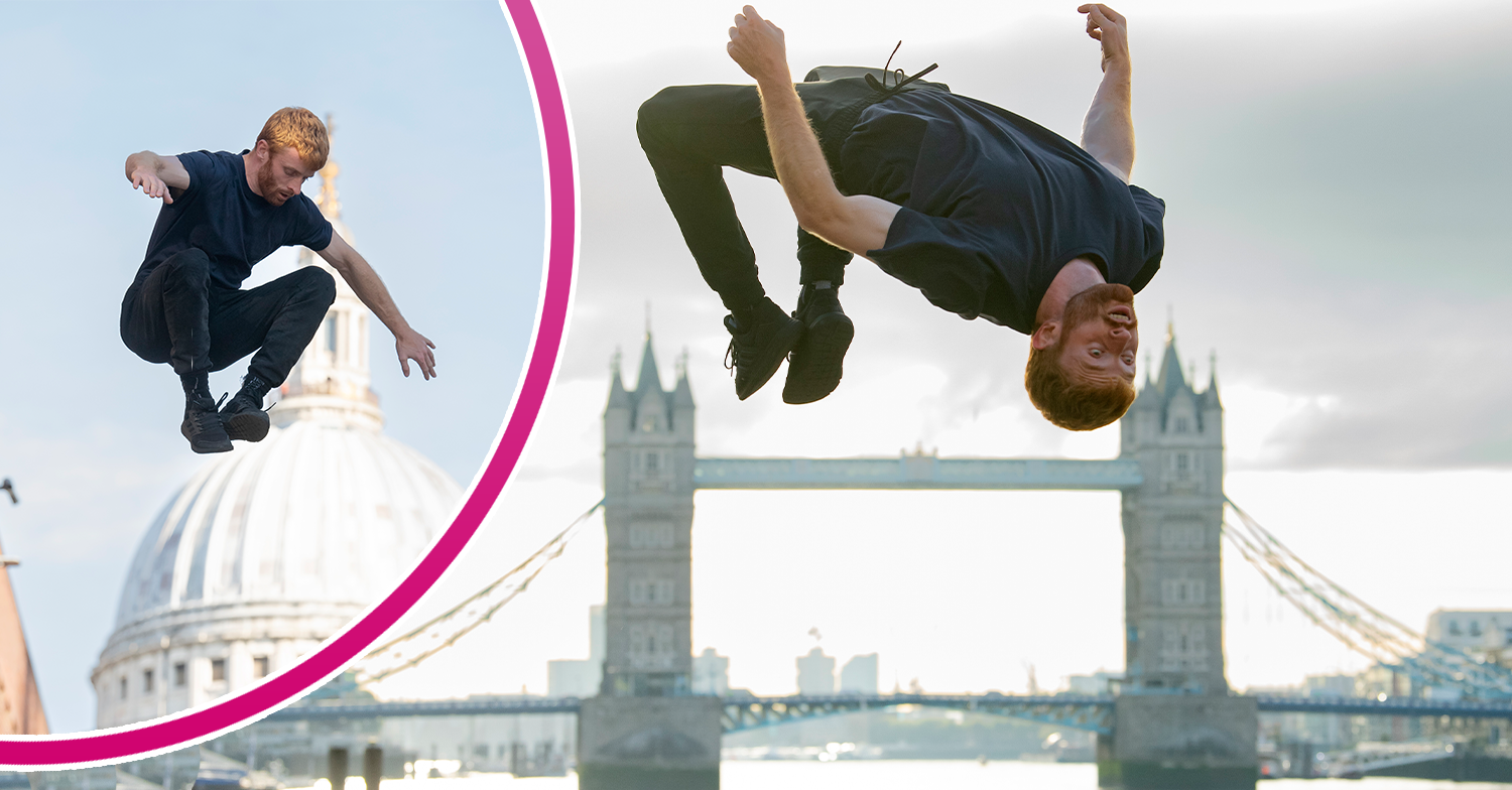 Free runner above London Landmarks