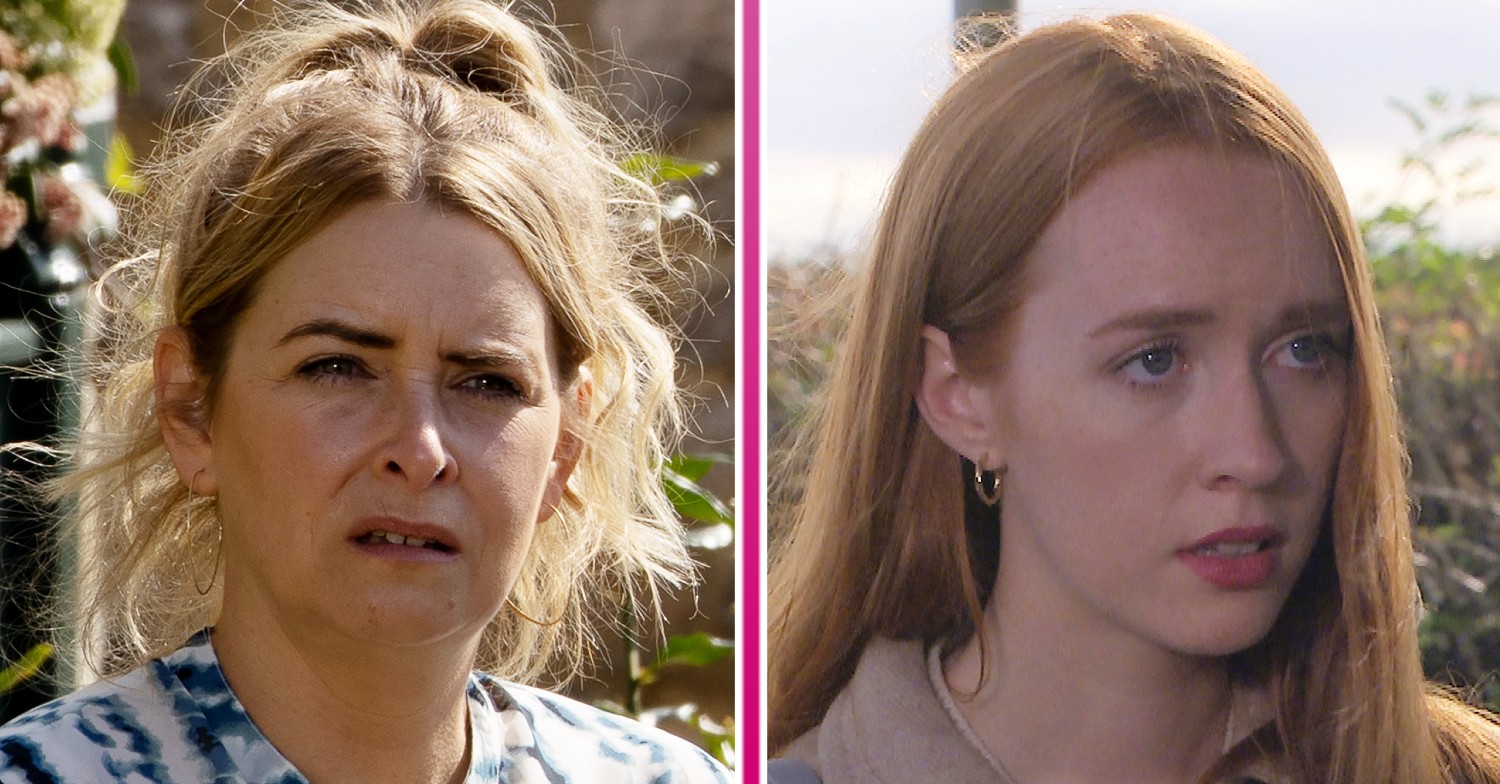 Charity looking intrigued and Chloe looking worried in Emmerdale