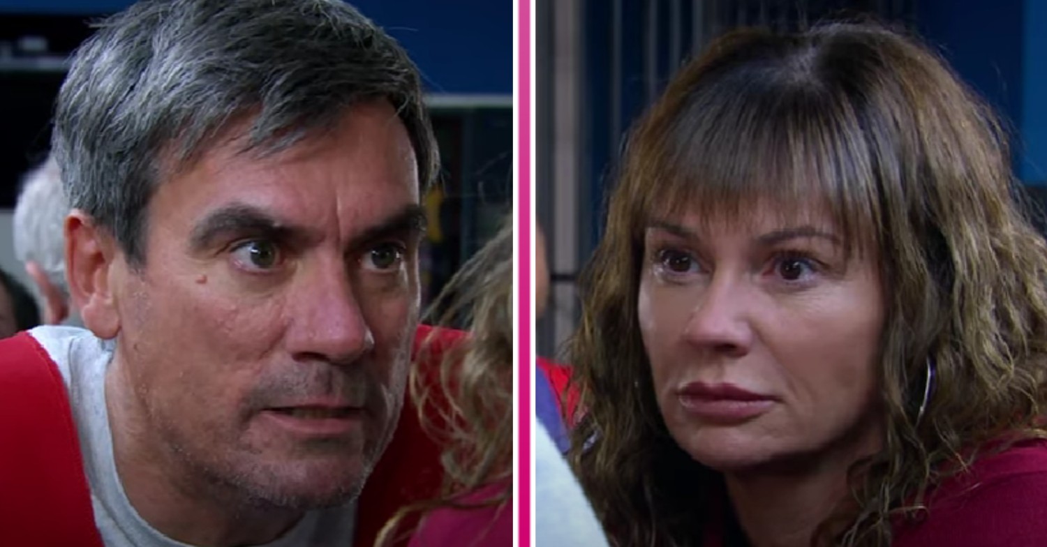 Cain looking angry and Chas looking upset in Emmerdale