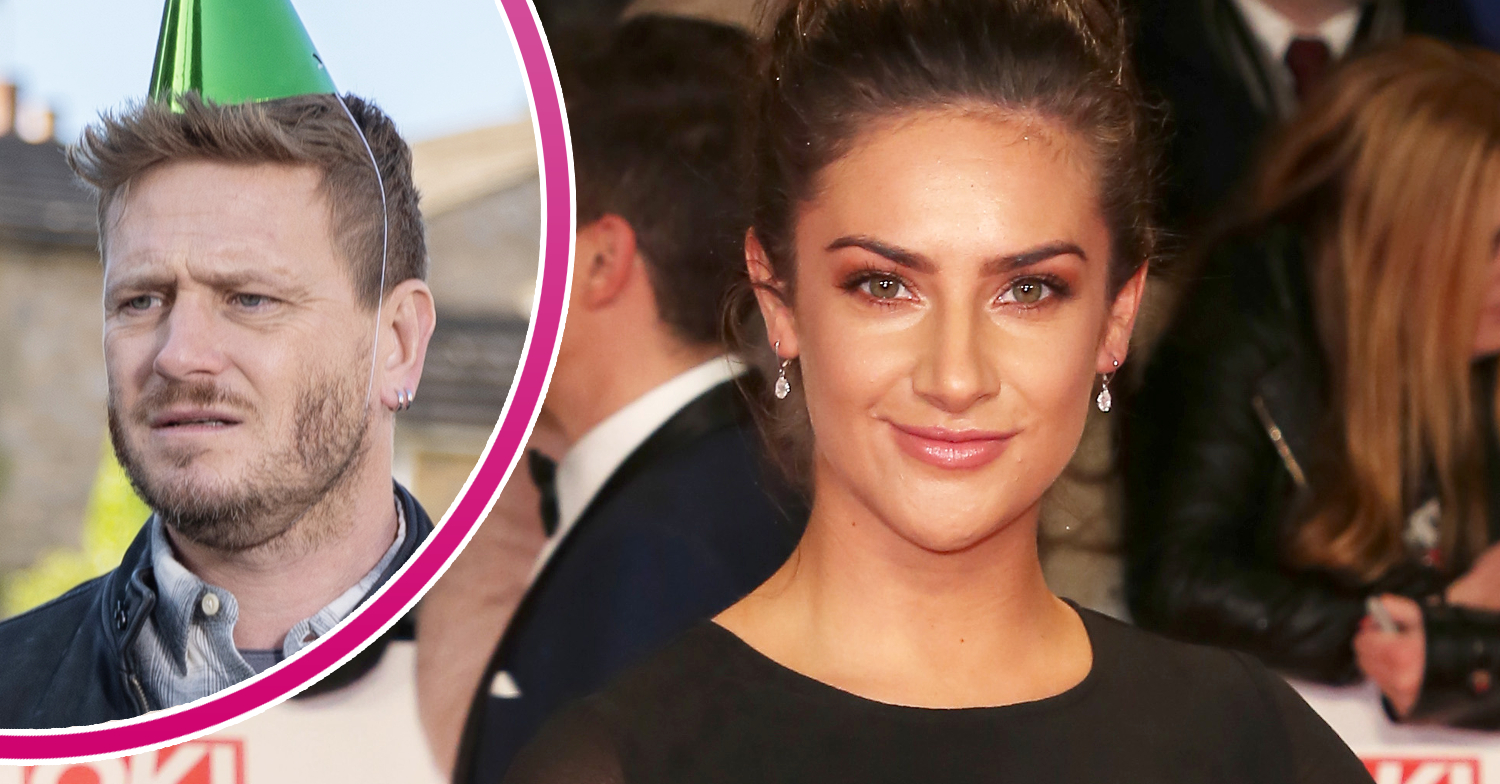 Isabel Hodgins is smiling on the red carpet, and in a bubble, David is looking disappointed whilst wearing a party hat in Emmerdale