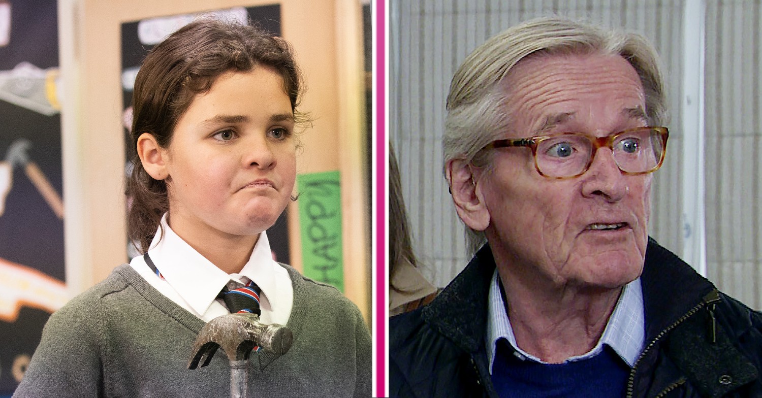 Hope holding a hammer and Ken looking shocked in Coronation Street