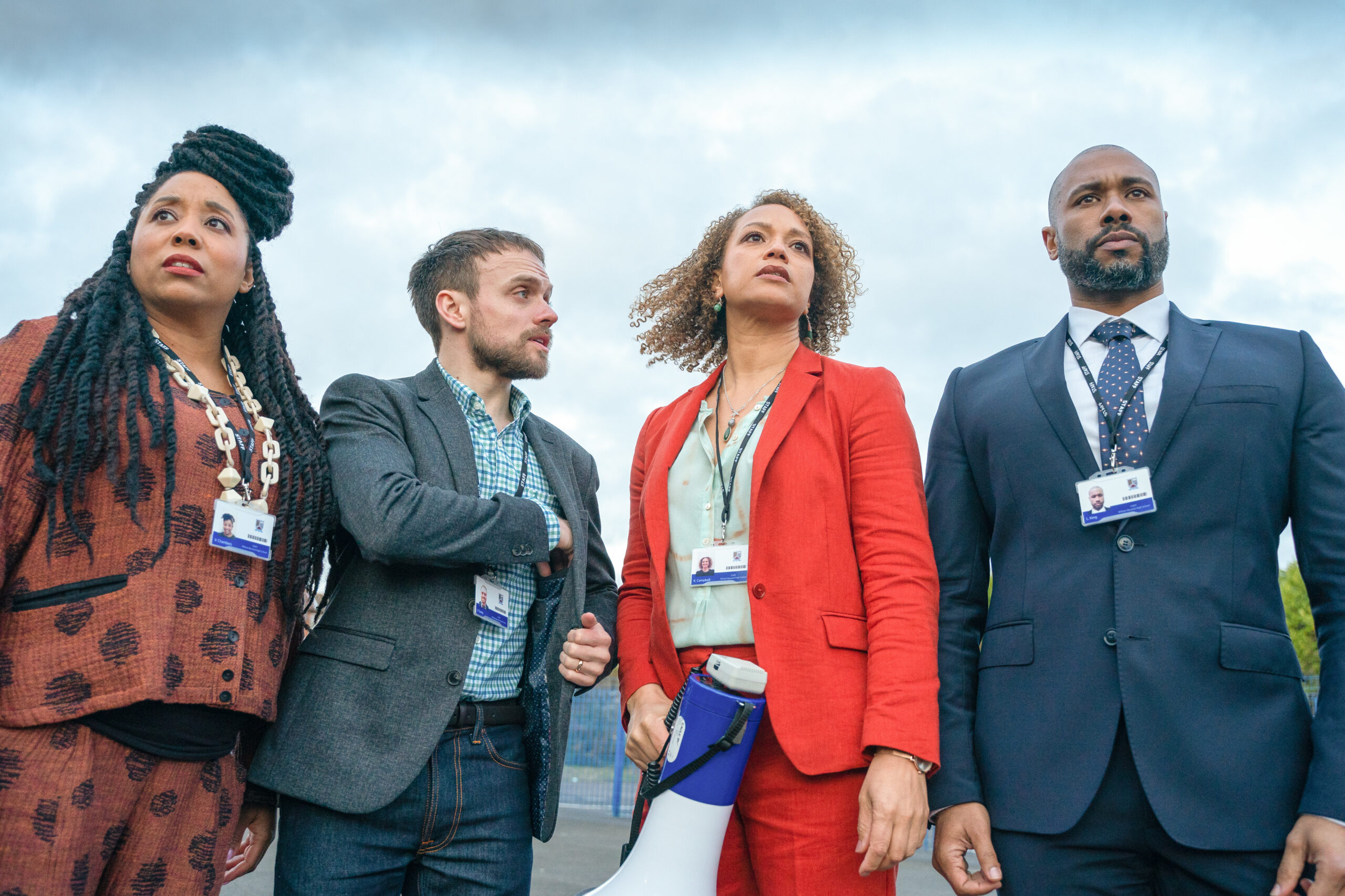 Kim Cambell, Valerie Chambers, Joe Casey and Lindon King all look worried in Waterloo Road 