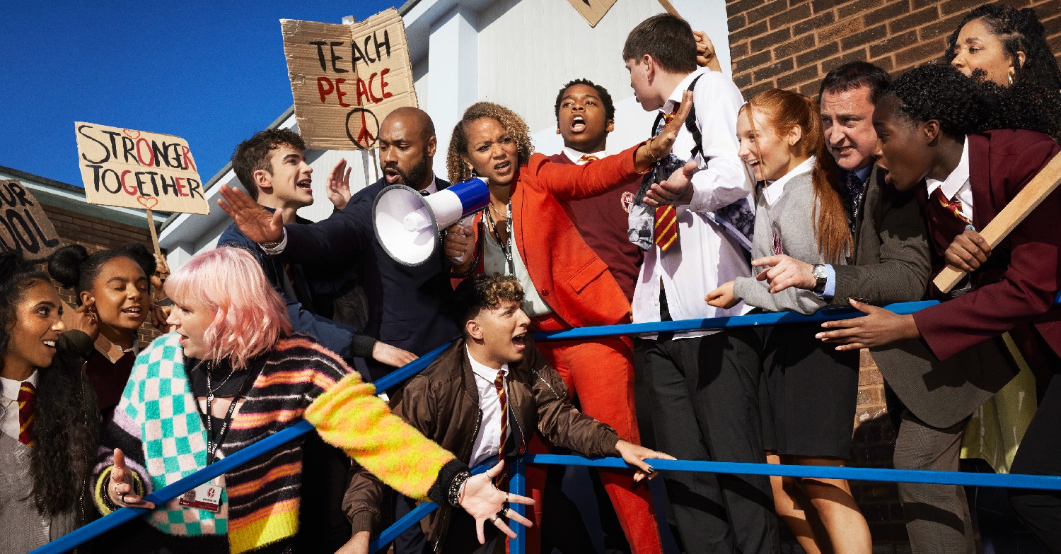 Kim Campbell stood in amongst protesting pupils in Waterloo Road