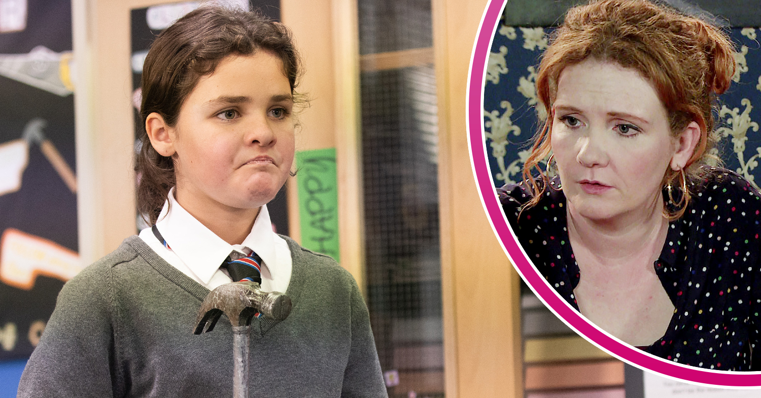 Coronation Street's Hope is looking angry as she holds a hammer at school, and in a bubble, Fiz is looking concerned