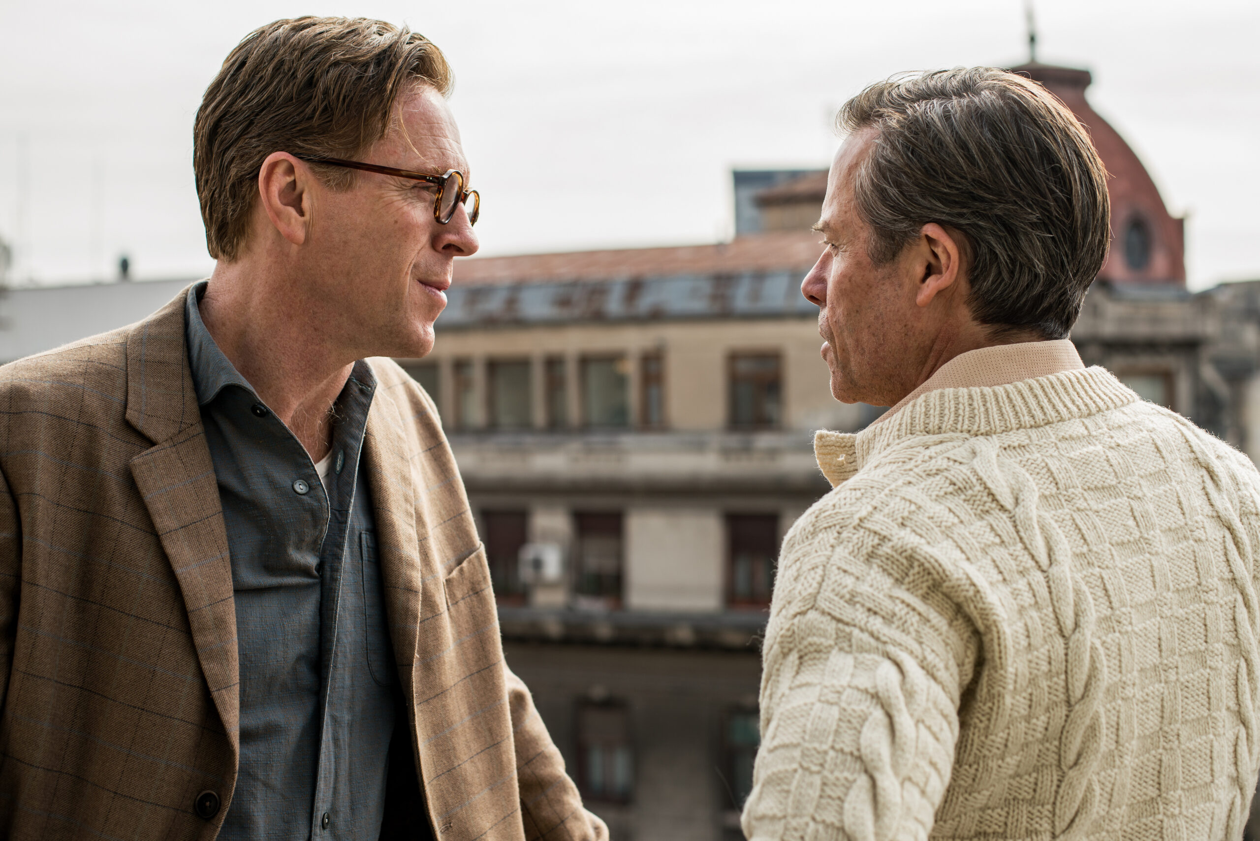 Damian Lewis and Guy Pearce as Nicholas Elliott and Kim Philby in A Spy Among Friends