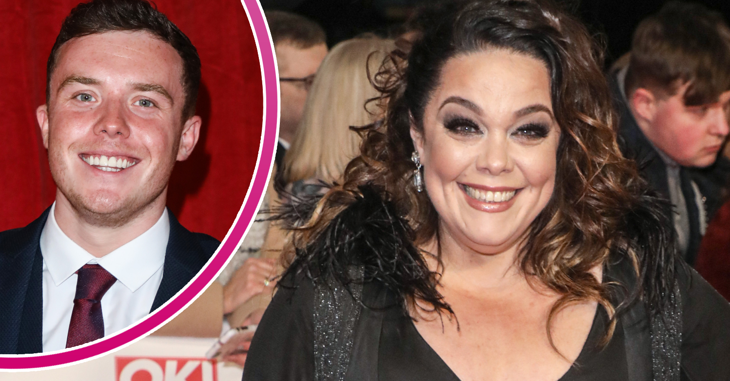 Emmerdale star Lisa Riley is smiling on the red carpet, and in a bubble, Bradley Johnson is smiling on the red carpet