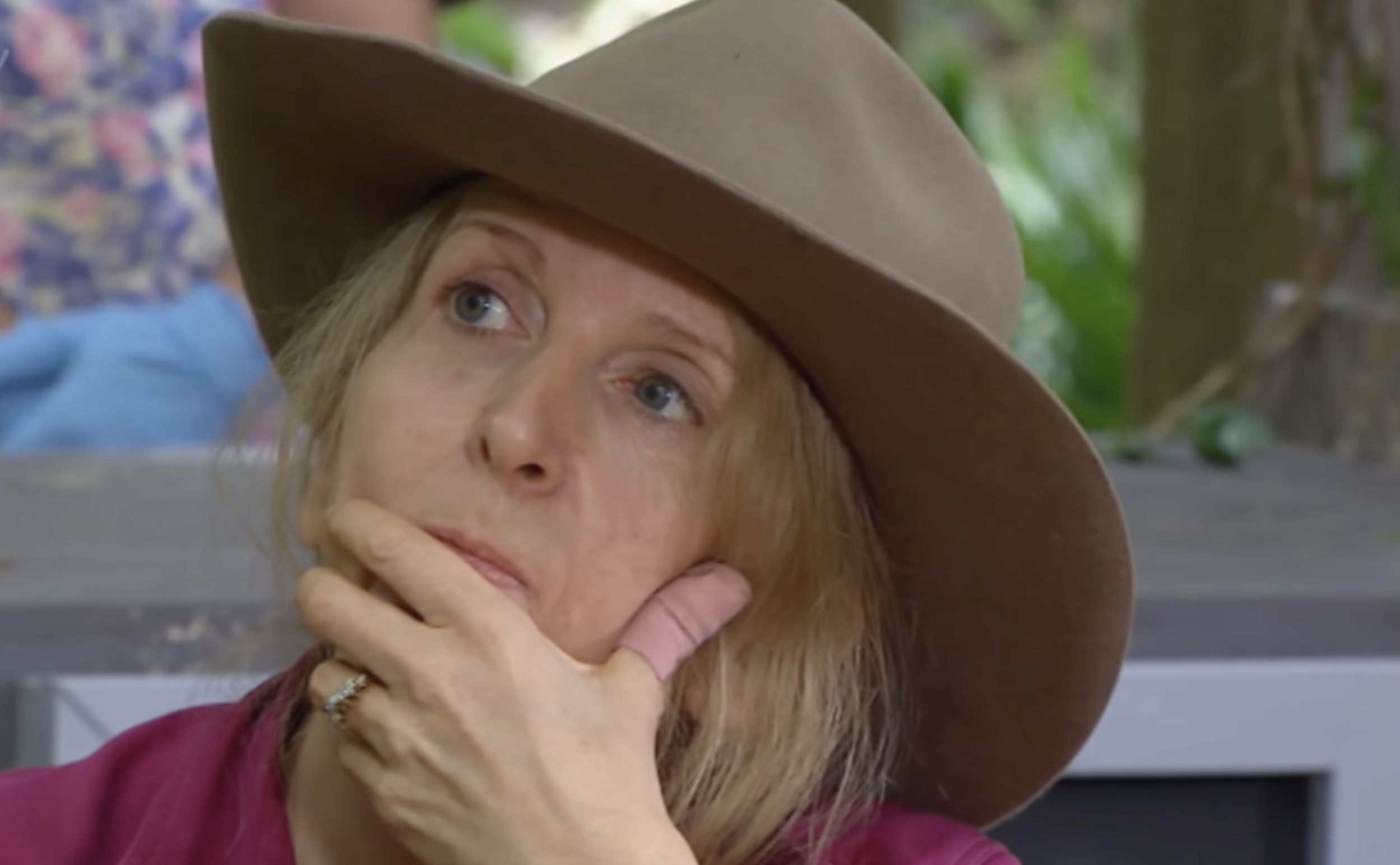 Gillian McKeith with hand at mouth on I'm A Celeb