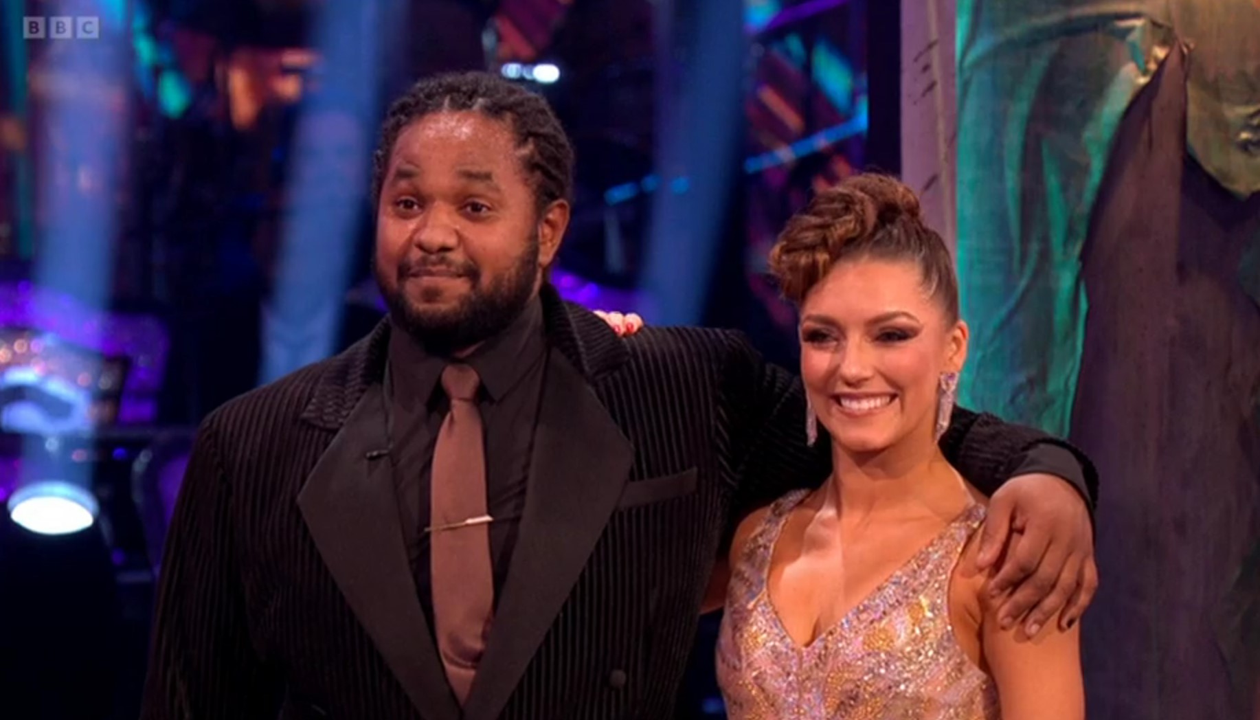 Hamza Yassin and Jowita smile as the judges critique them on Strictly