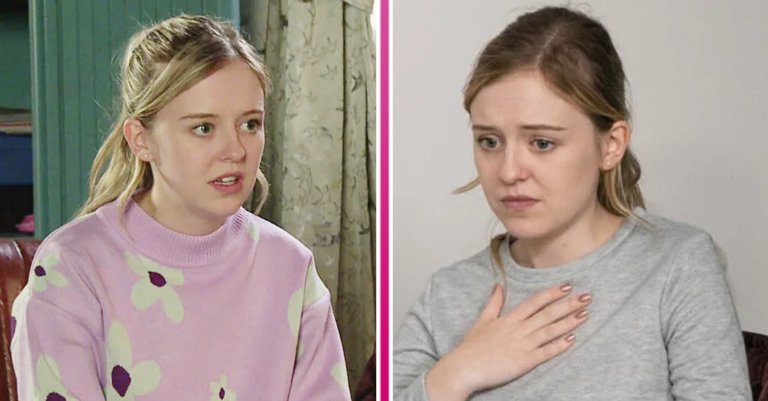 Summer looking worried and upset in Coronation Street, looking intense in conversation, juxtaposed with an image of her looking shocked and upset (Credit: ITV/Composite: Entertainment Daily)