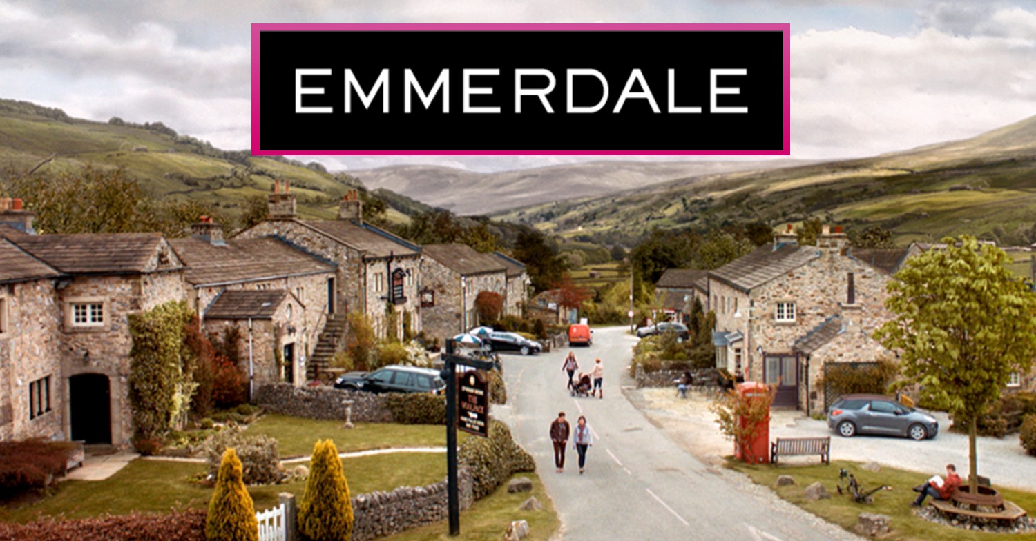 Emmerdale village and pink bordered logo