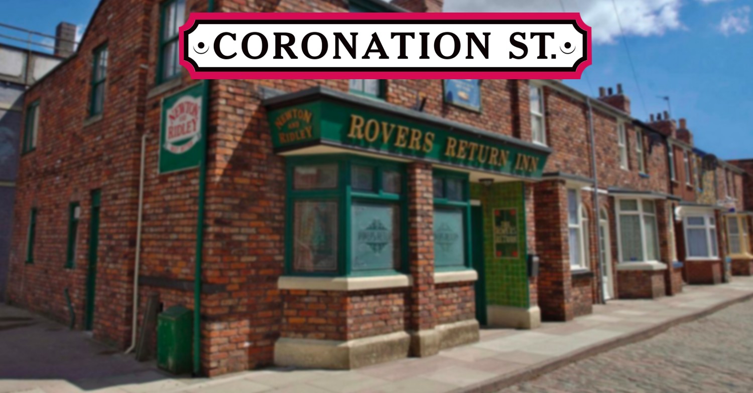 Coronation Street background and pink bordered logo