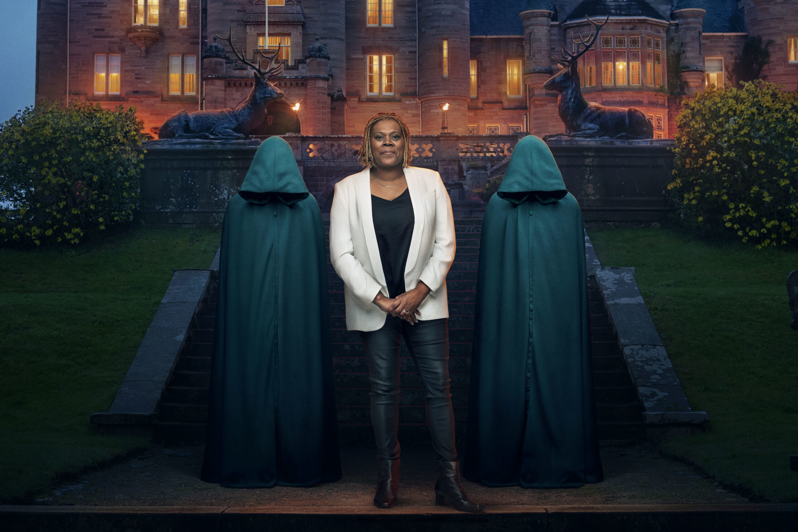 Faye stands next to the two hoods on The Traitors