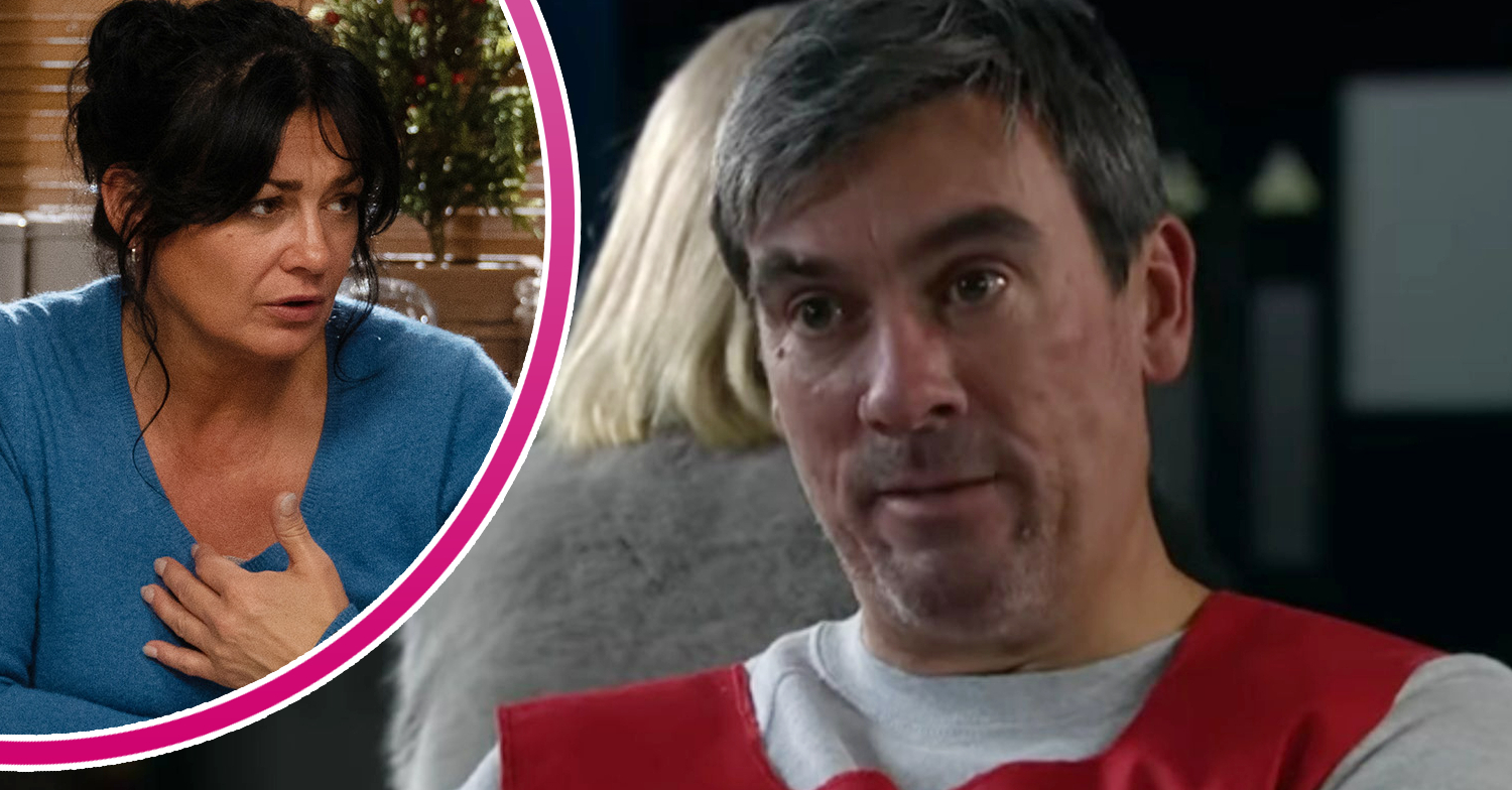 Emmerdale's Cain is looking serious in prison, and in a bubble, Moira is looking emotional, with her hand on her chest