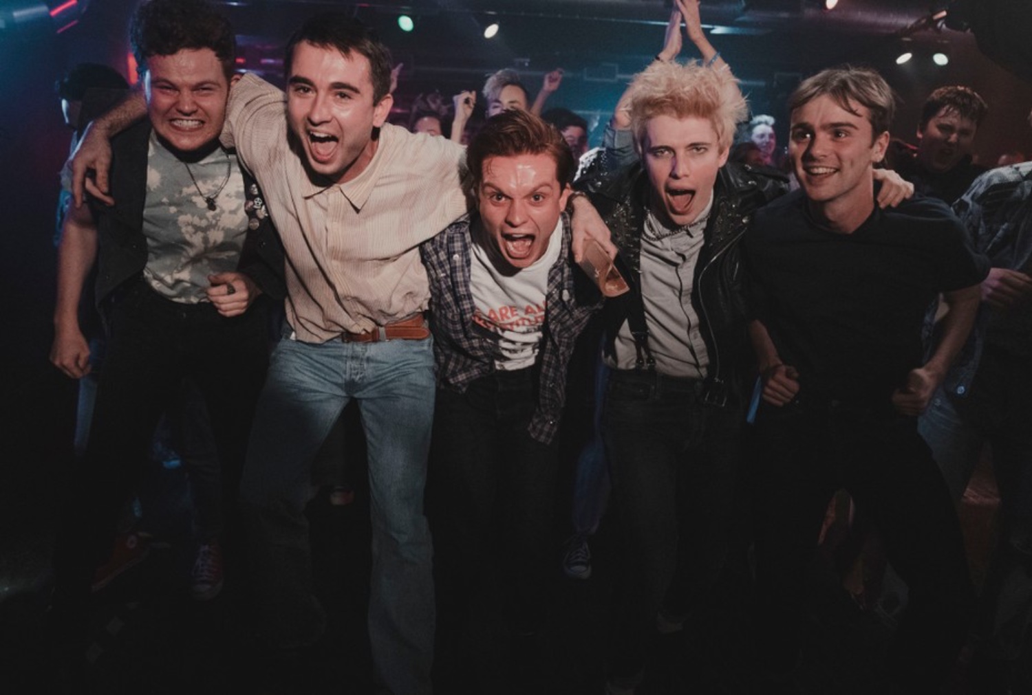 Matt Littleson, Rian Gordon, Tom Glynn-Carney, Paul Gorman and Mitchel Robertson shouting in Mayflies