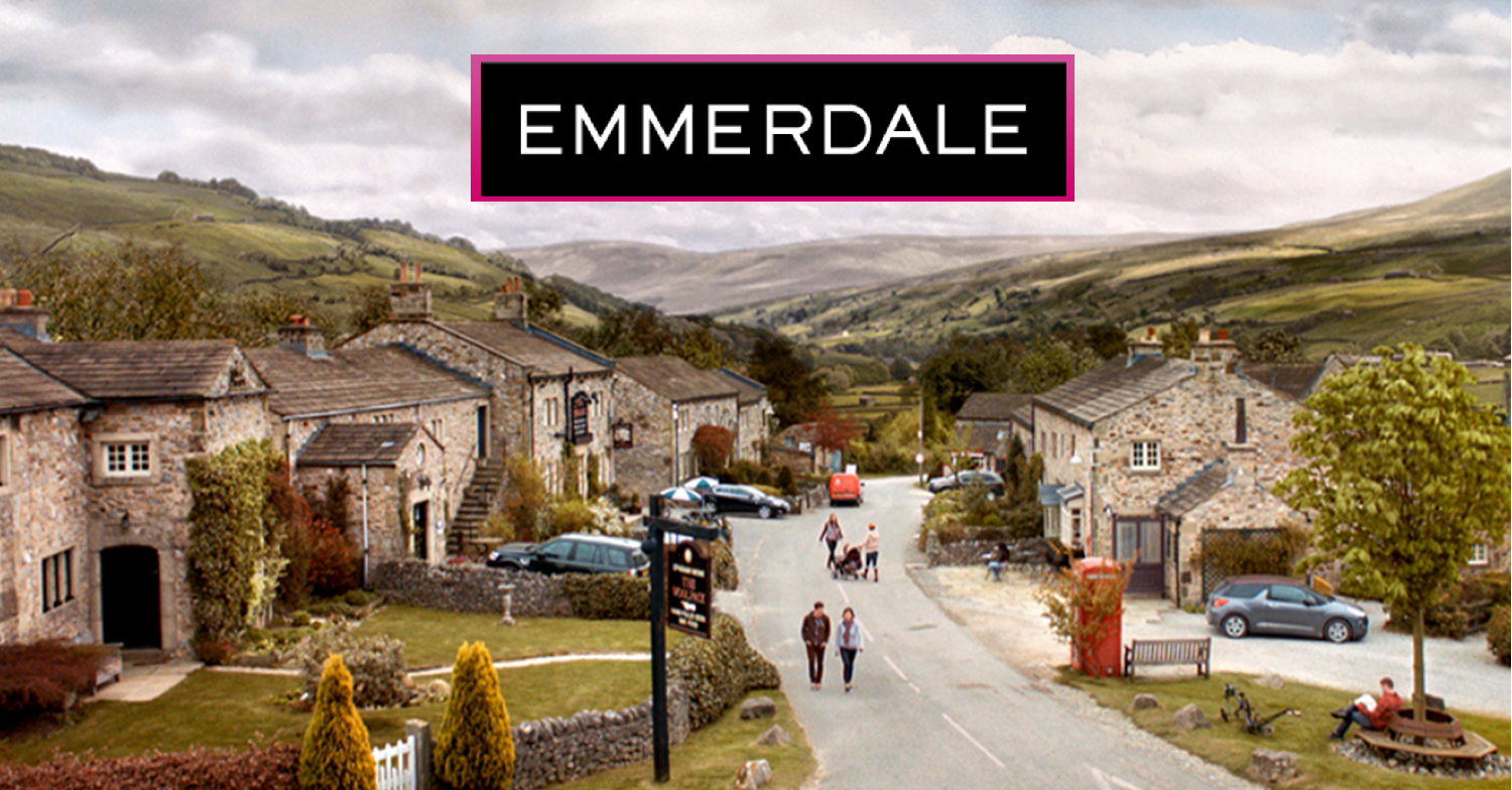 Emmerdale village and pink bordered logo