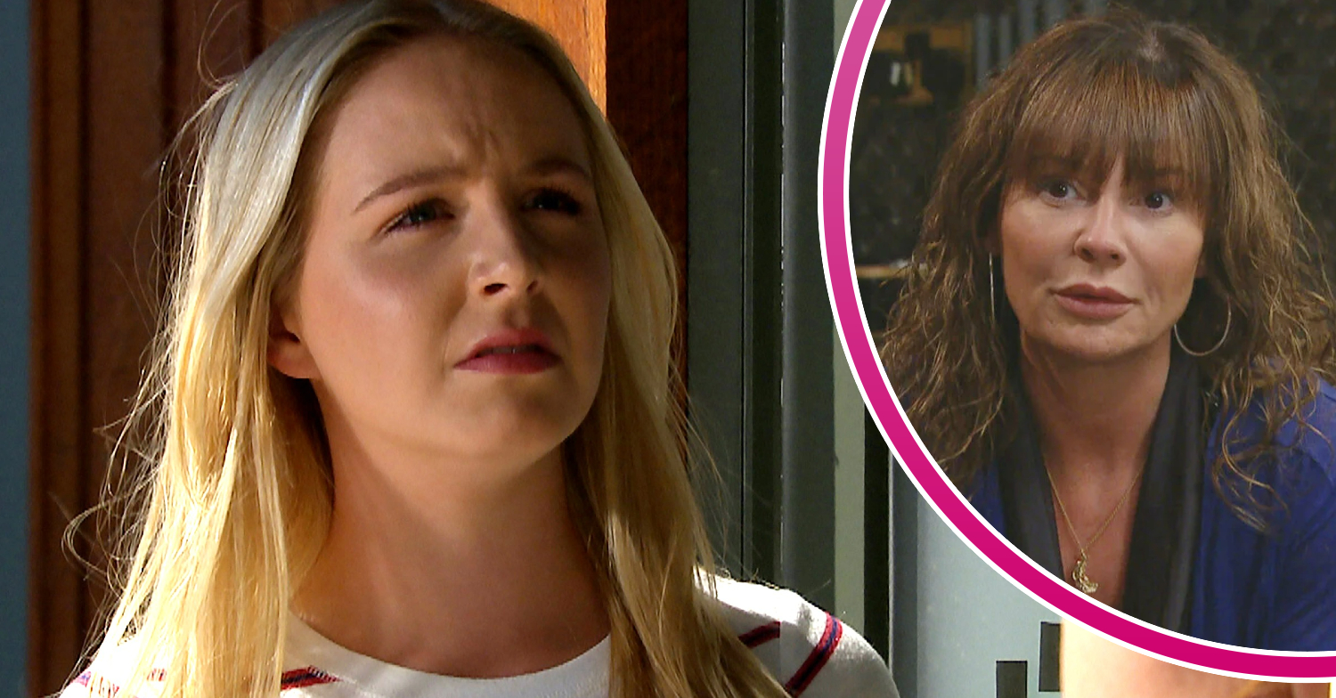 Emmerdale's Belle is looking angry, and in a bubble, Chas is looking serious