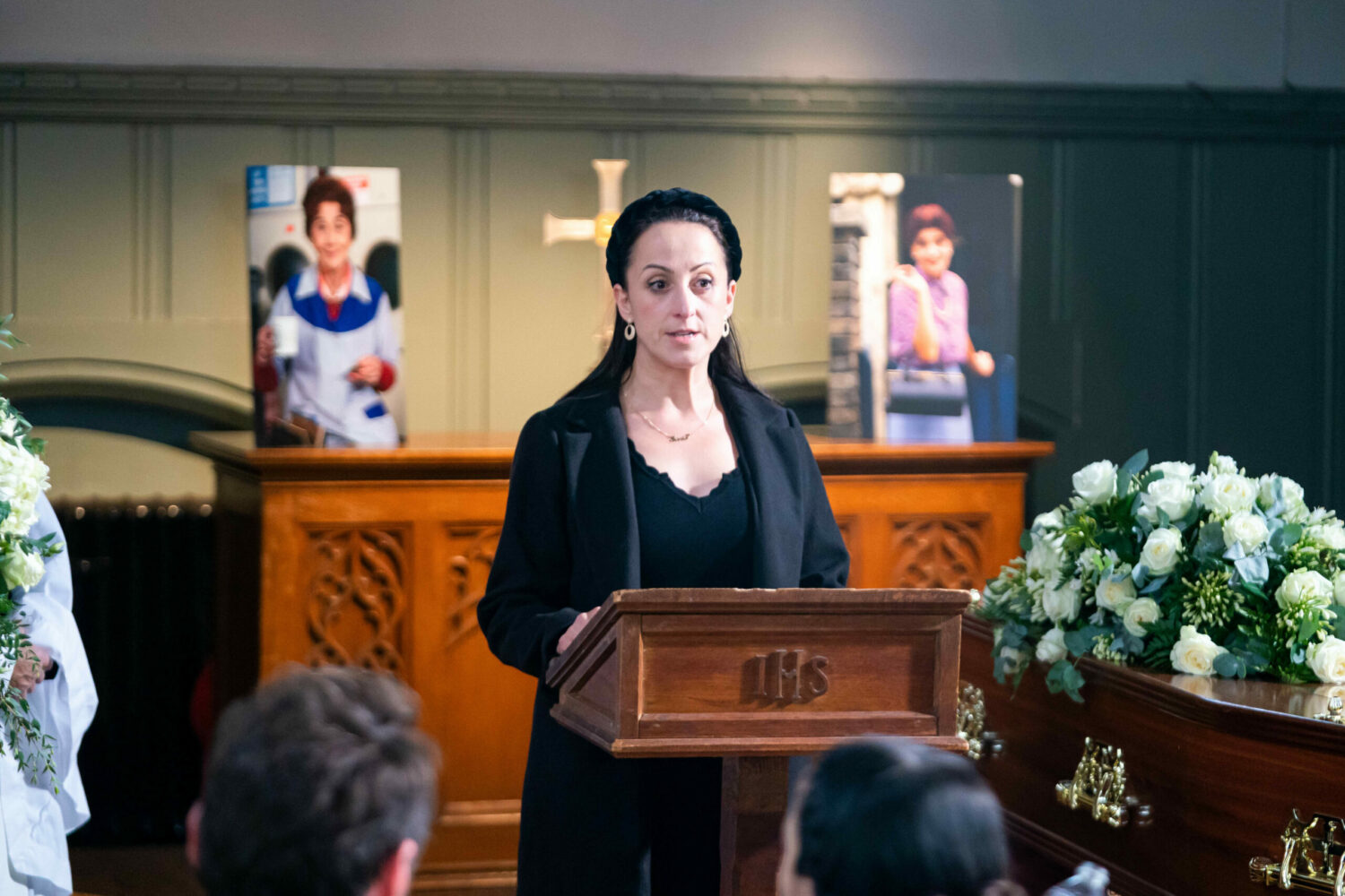 Sonia in EastEnders speaks at Dot's funeral