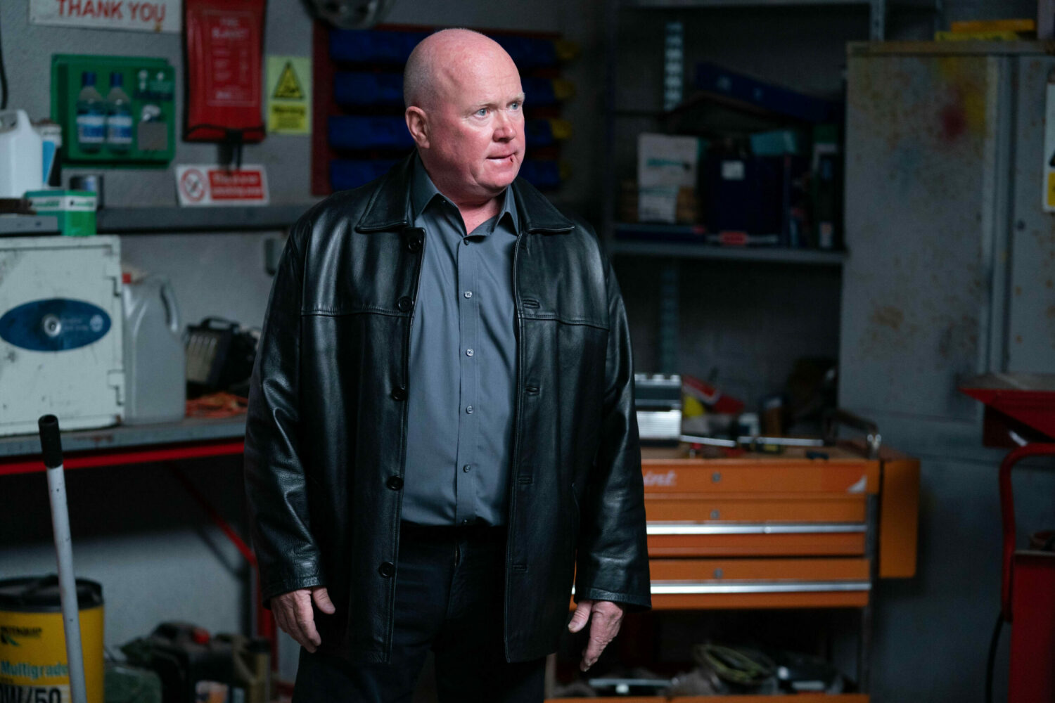 EastEnders' Phil is in the garage looking angry