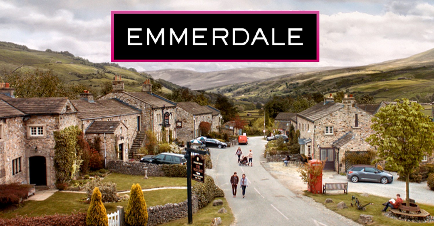 Emmerdale village and logo at the top with a pink border