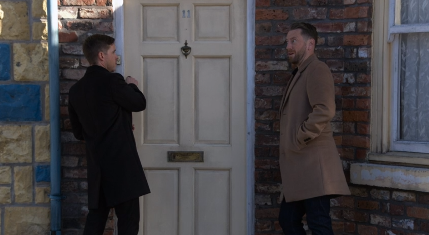 Todd trying to get into No.11 and Laurence watching in Coronation Street 