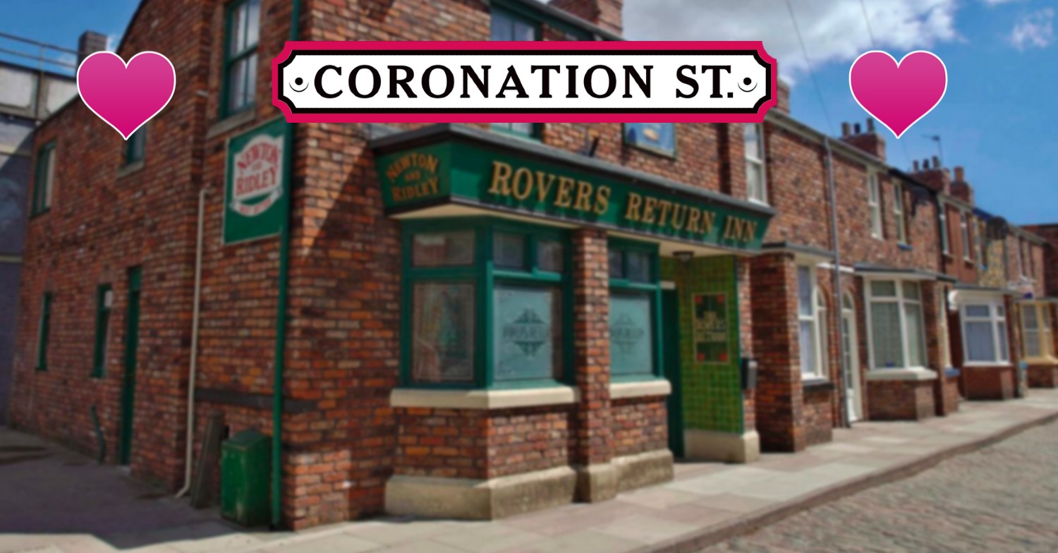 Coronation Street pink logo, hearts and Rovers background