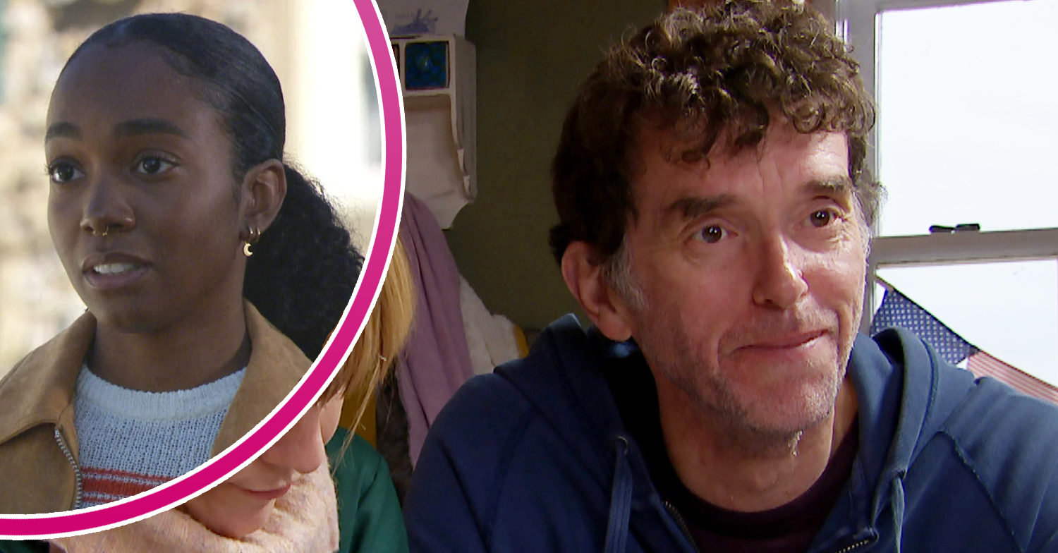 Emmerdale's Marlon is looking happy, and in a bubble is Naomi